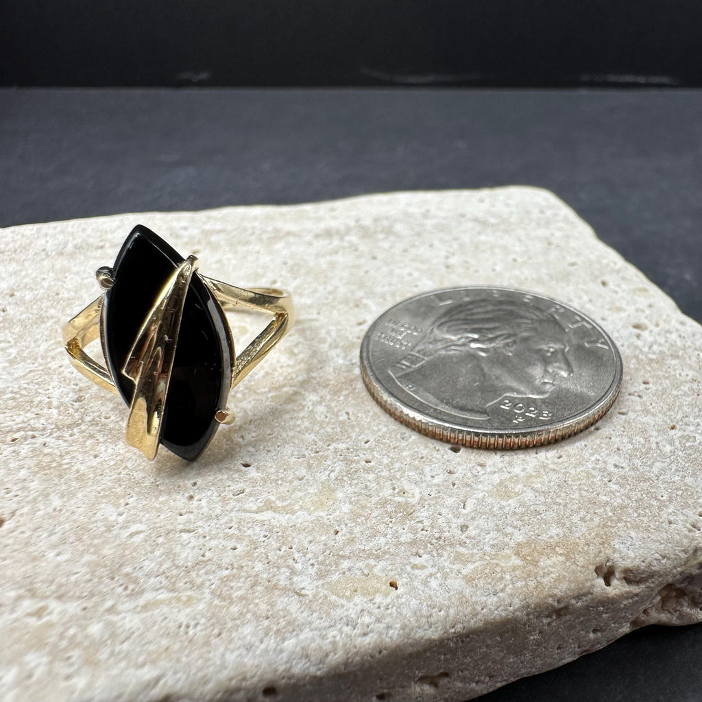 Solid 14K Yellow Gold Ring with Marquise Black Onyx – Size 7.5
