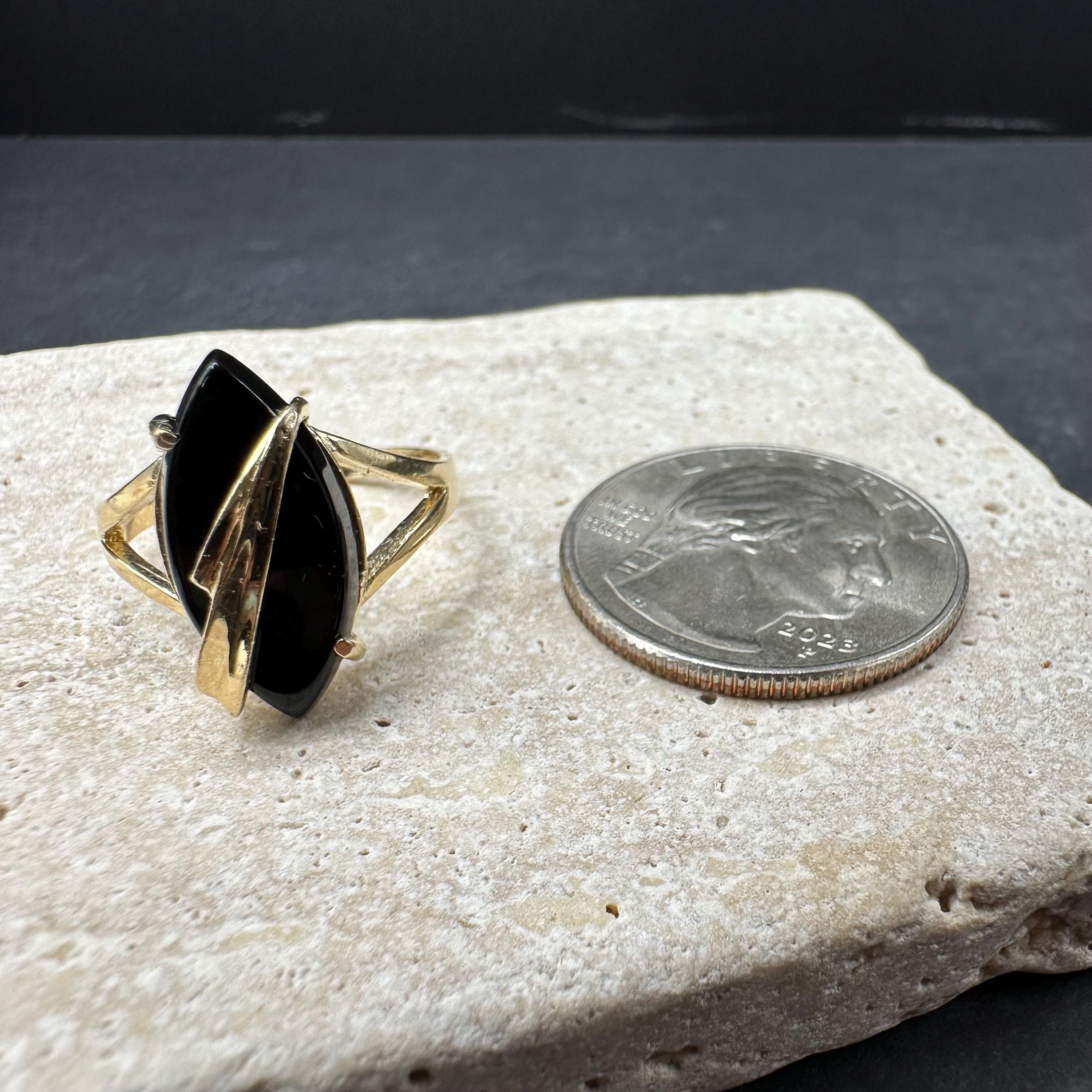 Solid 14K Yellow Gold Ring with Marquise Black Onyx – Size 7.5