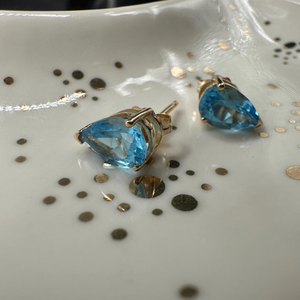 14K Solid Gold Pear Shape Blue Topaz Stud Earrings