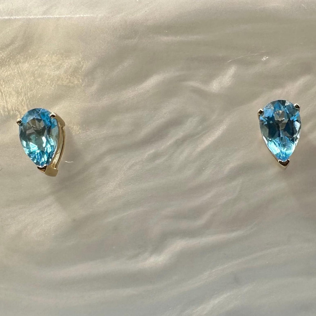 14K Solid Gold Pear Shape Blue Topaz Stud Earrings