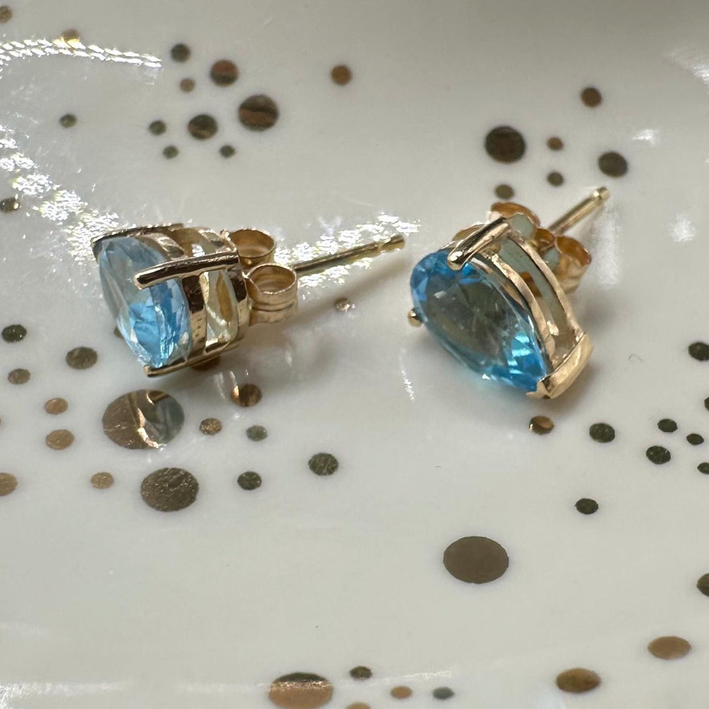 14K Solid Gold Pear Shape Blue Topaz Stud Earrings