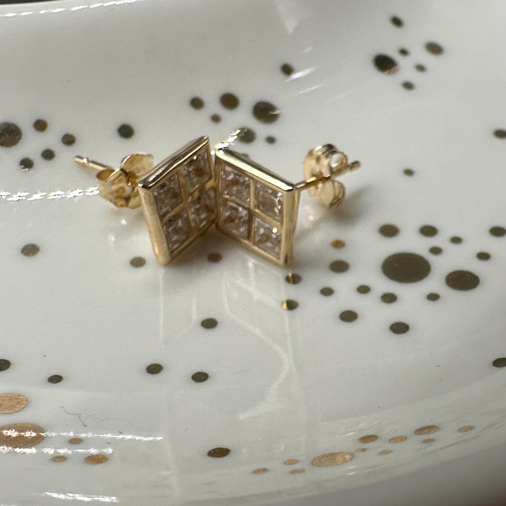 Solid 14K Yellow Gold Square Stud Earrings with Gemstones