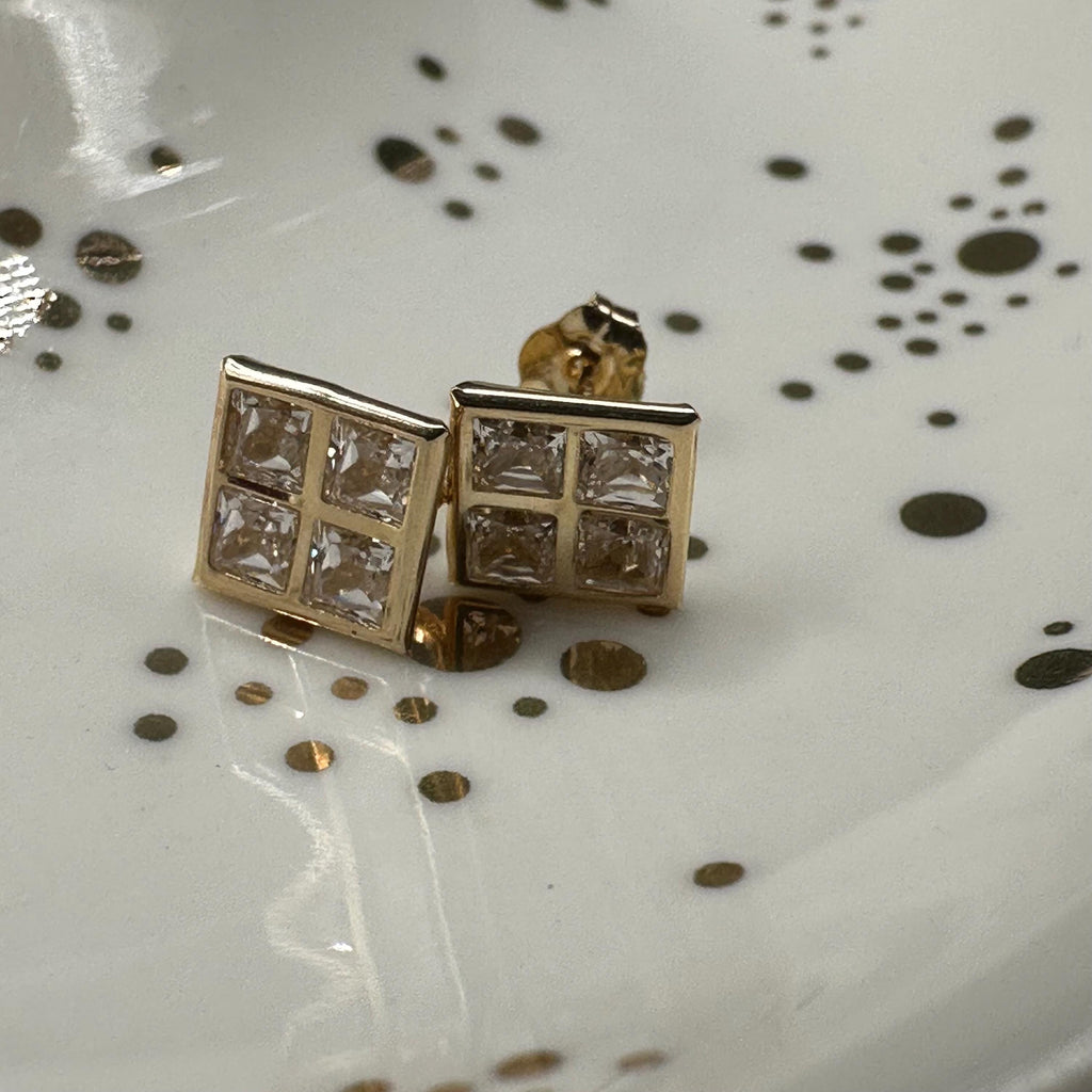 Solid 14K Yellow Gold Square Stud Earrings with Gemstones