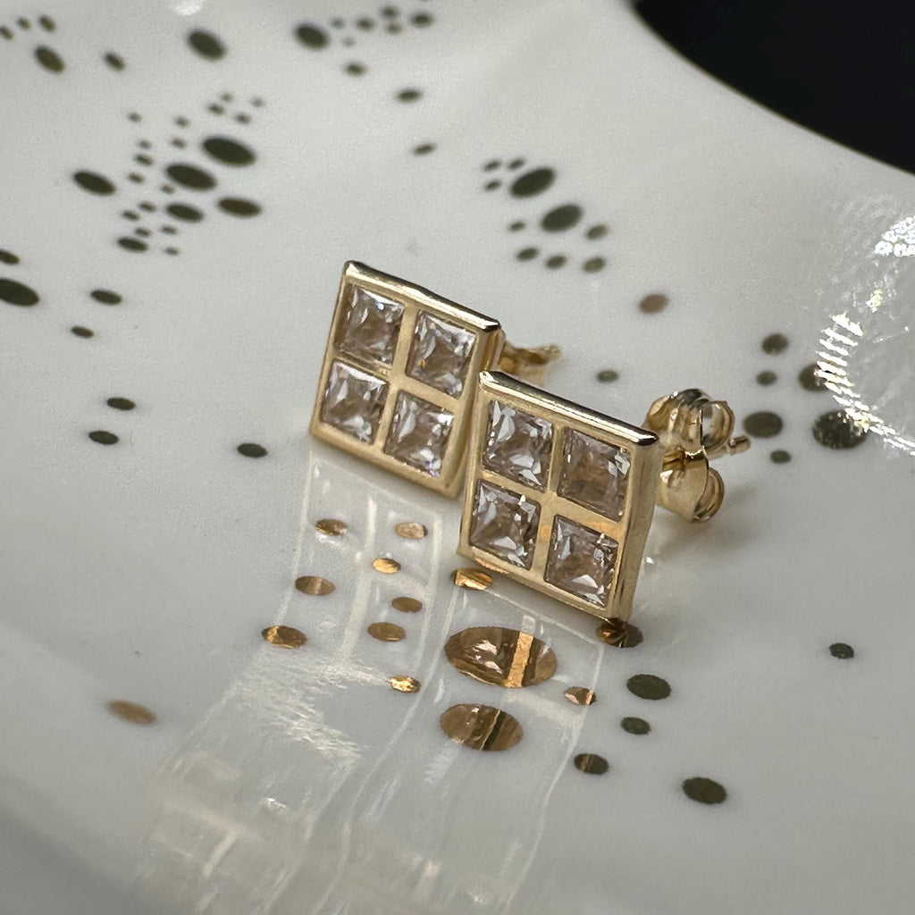Solid 14K Yellow Gold Square Stud Earrings with Gemstones