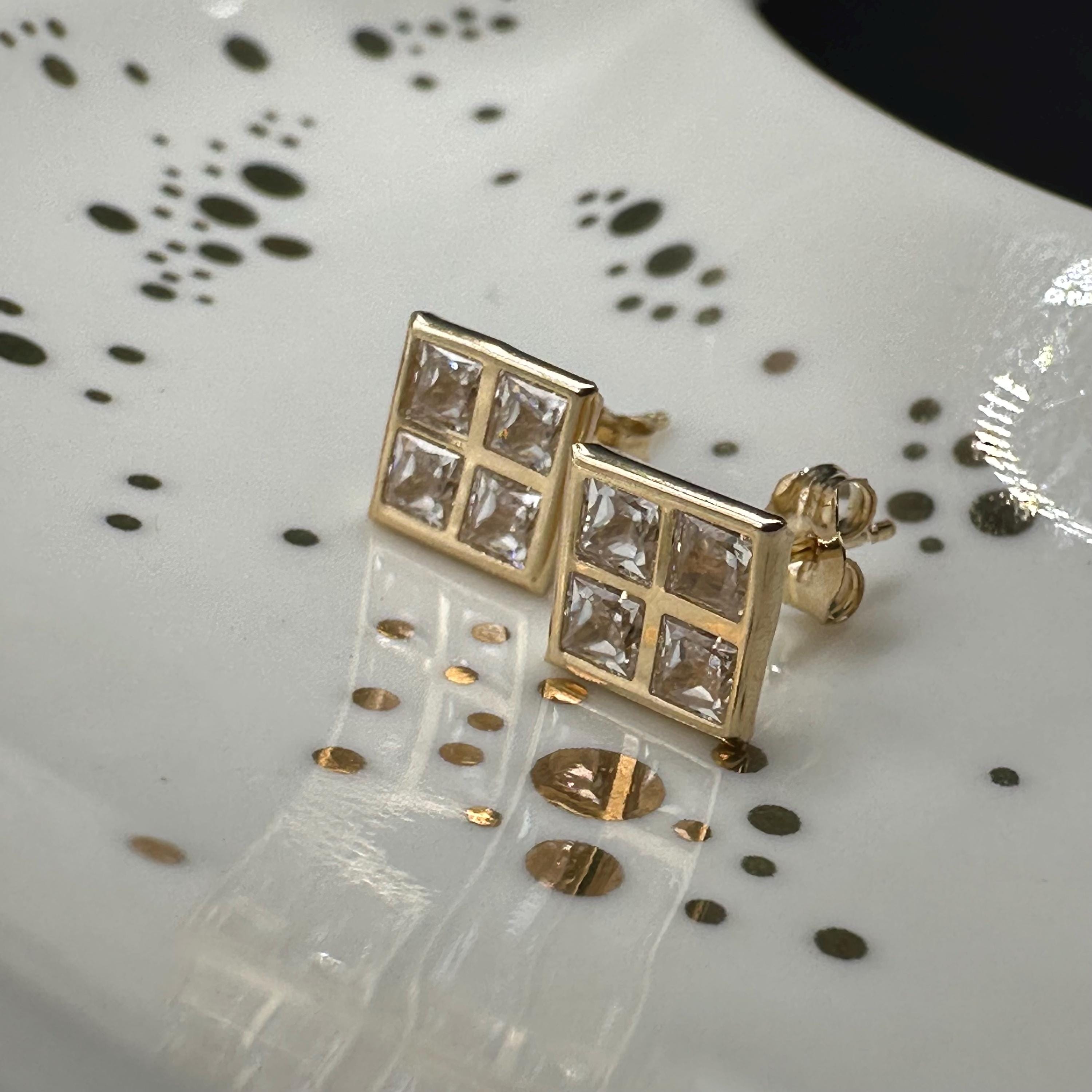 Solid 14K Yellow Gold Square Stud Earrings with Gemstones