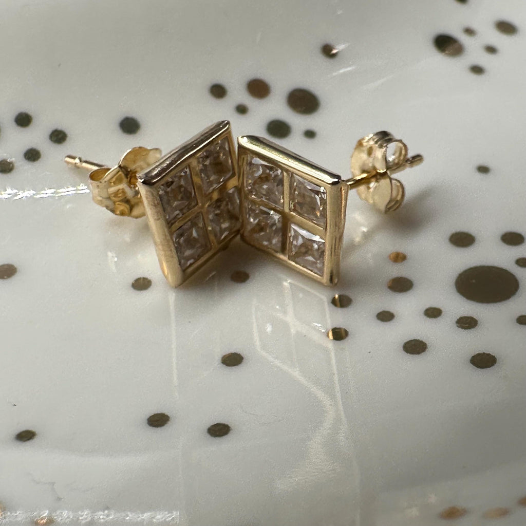 Solid 14K Yellow Gold Square Stud Earrings with Gemstones