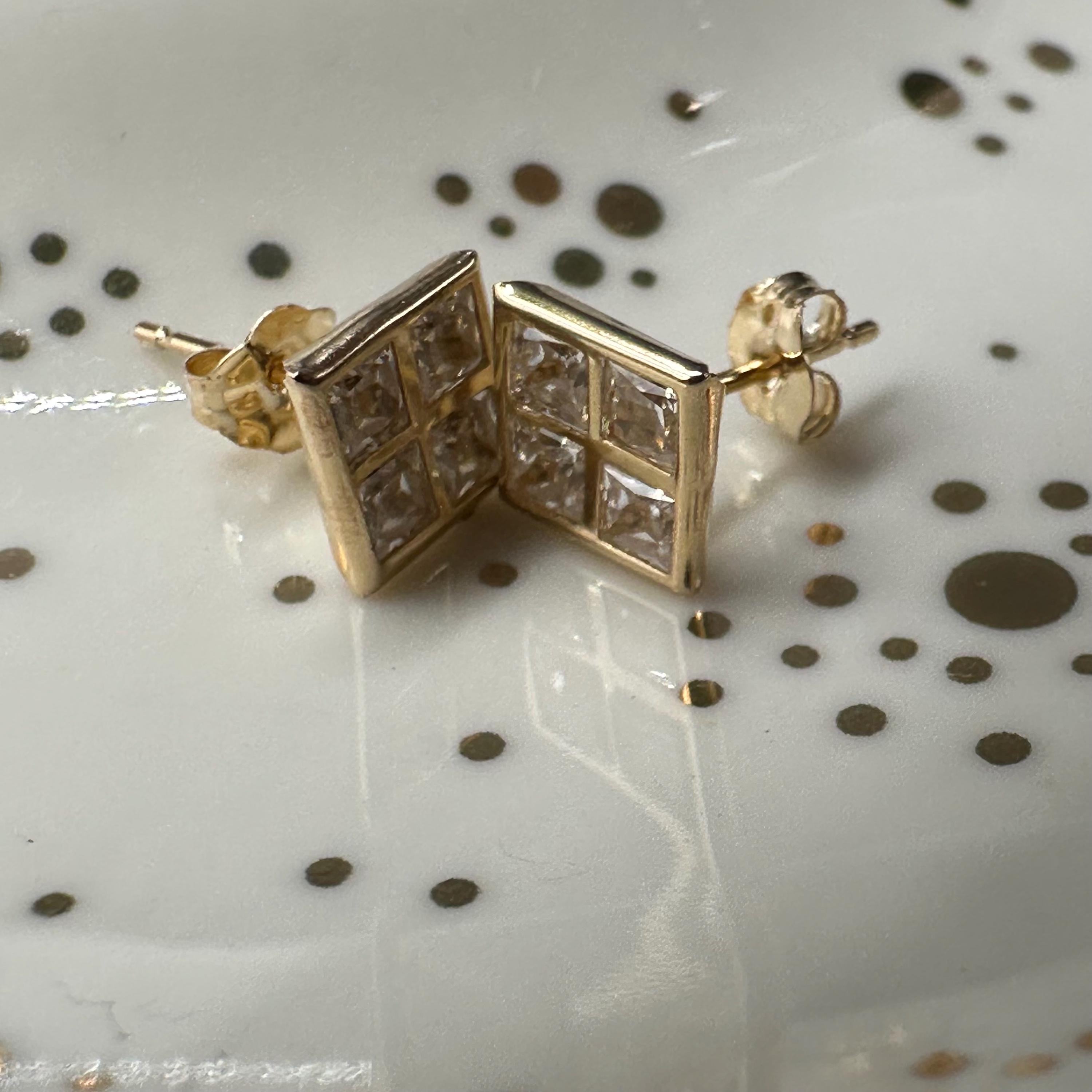 Solid 14K Yellow Gold Square Stud Earrings with Gemstones