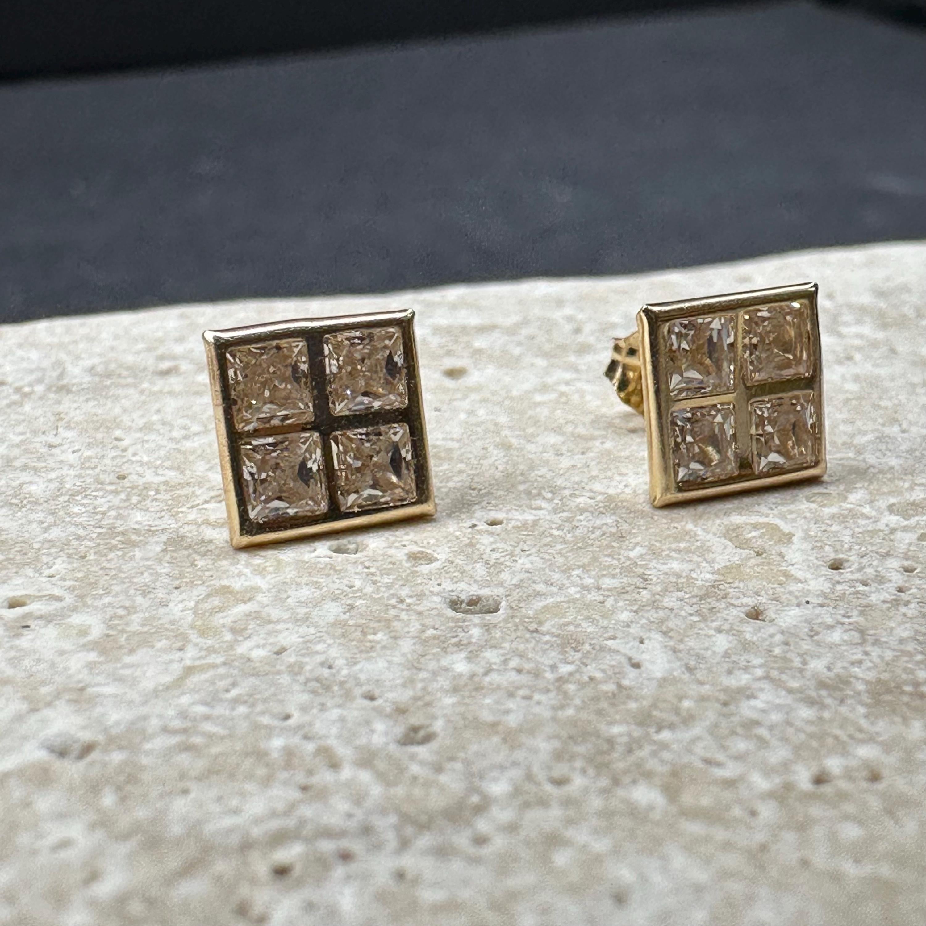 Solid 14K Yellow Gold Square Stud Earrings with Gemstones