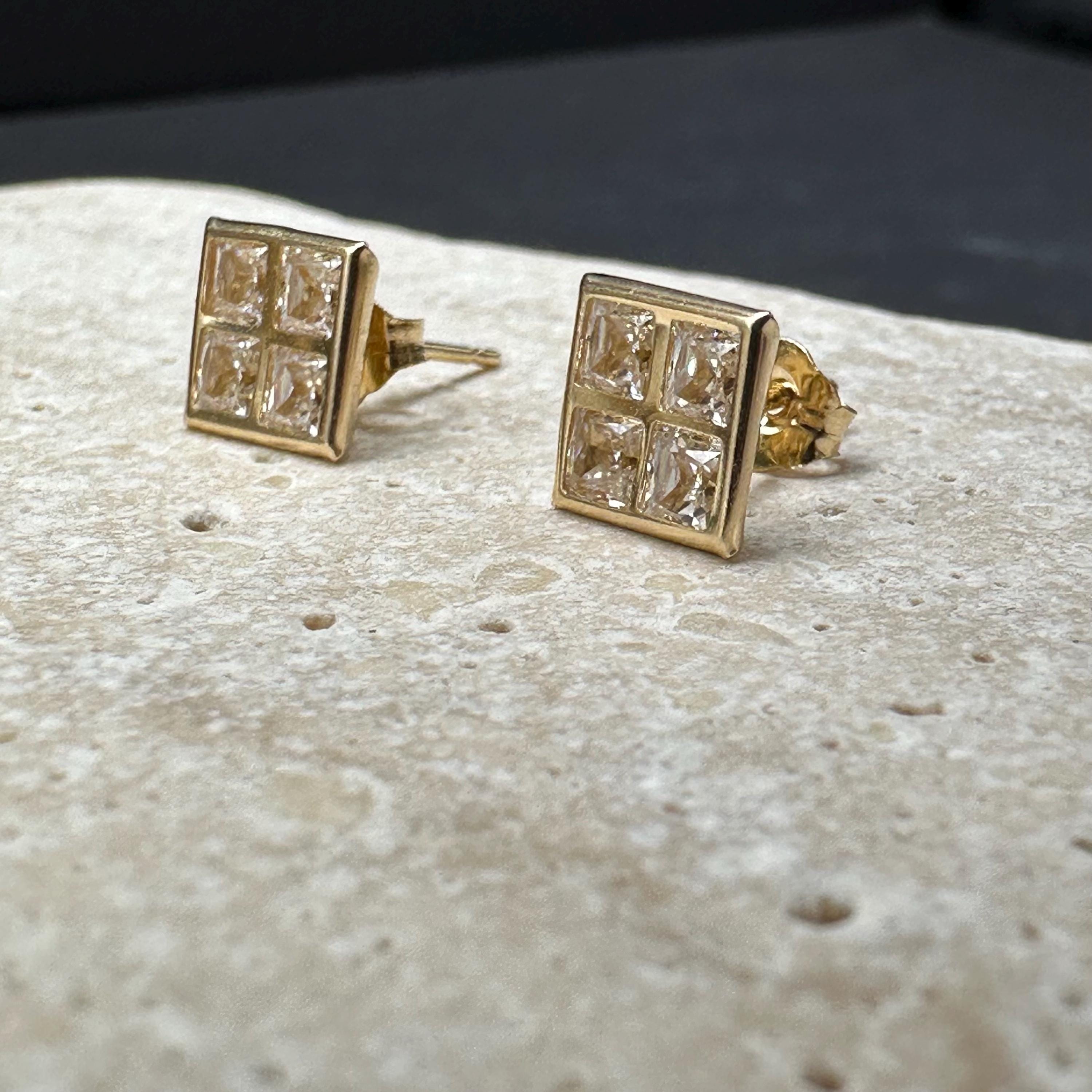 Solid 14K Yellow Gold Square Stud Earrings with Gemstones