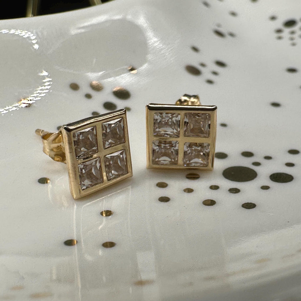Solid 14K Yellow Gold Square Stud Earrings with Gemstones