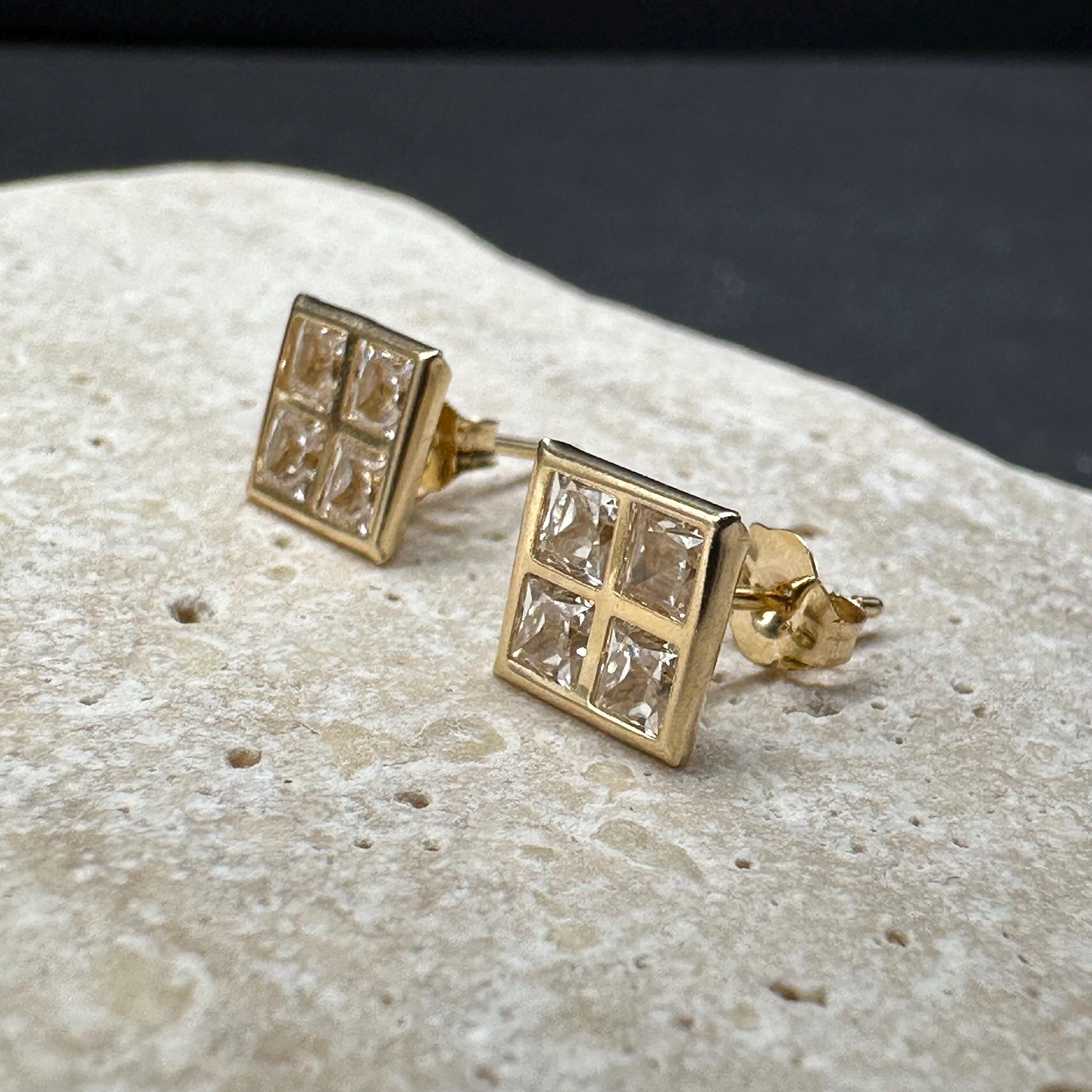 Solid 14K Yellow Gold Square Stud Earrings with Gemstones