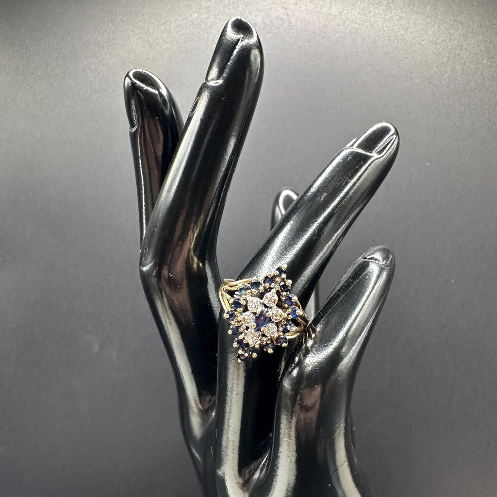 Solid 10K Yellow Gold Ring with Blue Sapphires and Diamonds - Size 5.5