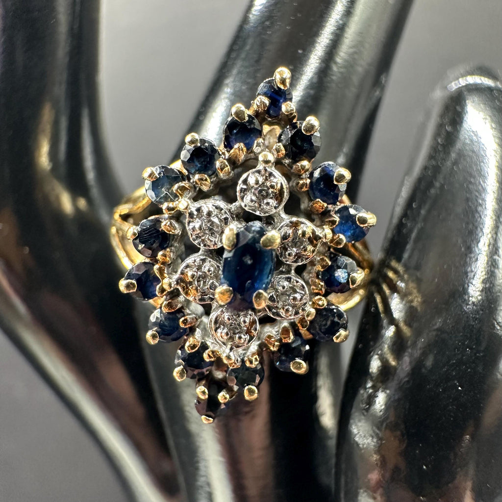 Solid 10K Yellow Gold Ring with Blue Sapphires and Diamonds - Size 5.5