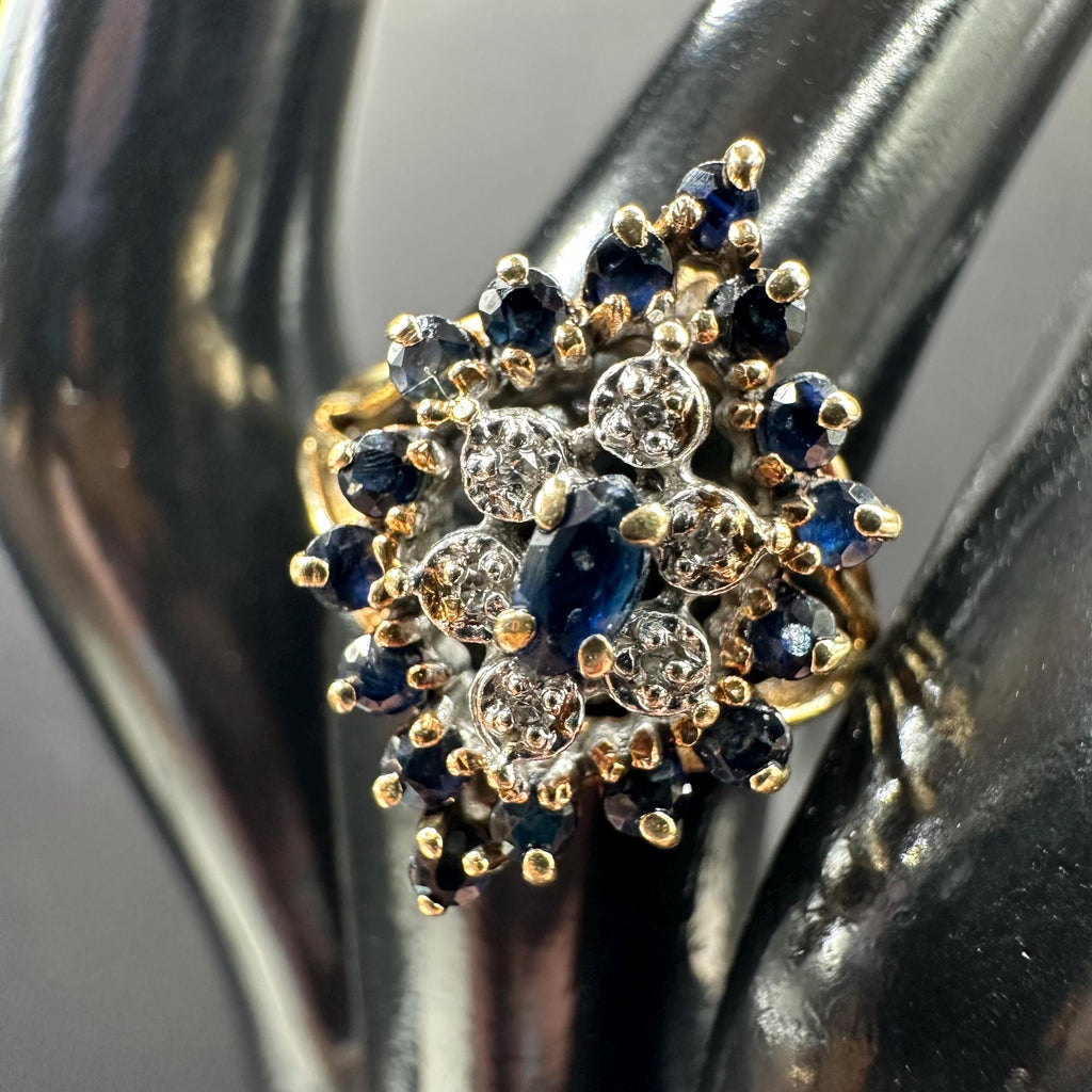 Solid 10K Yellow Gold Ring with Blue Sapphires and Diamonds - Size 5.5