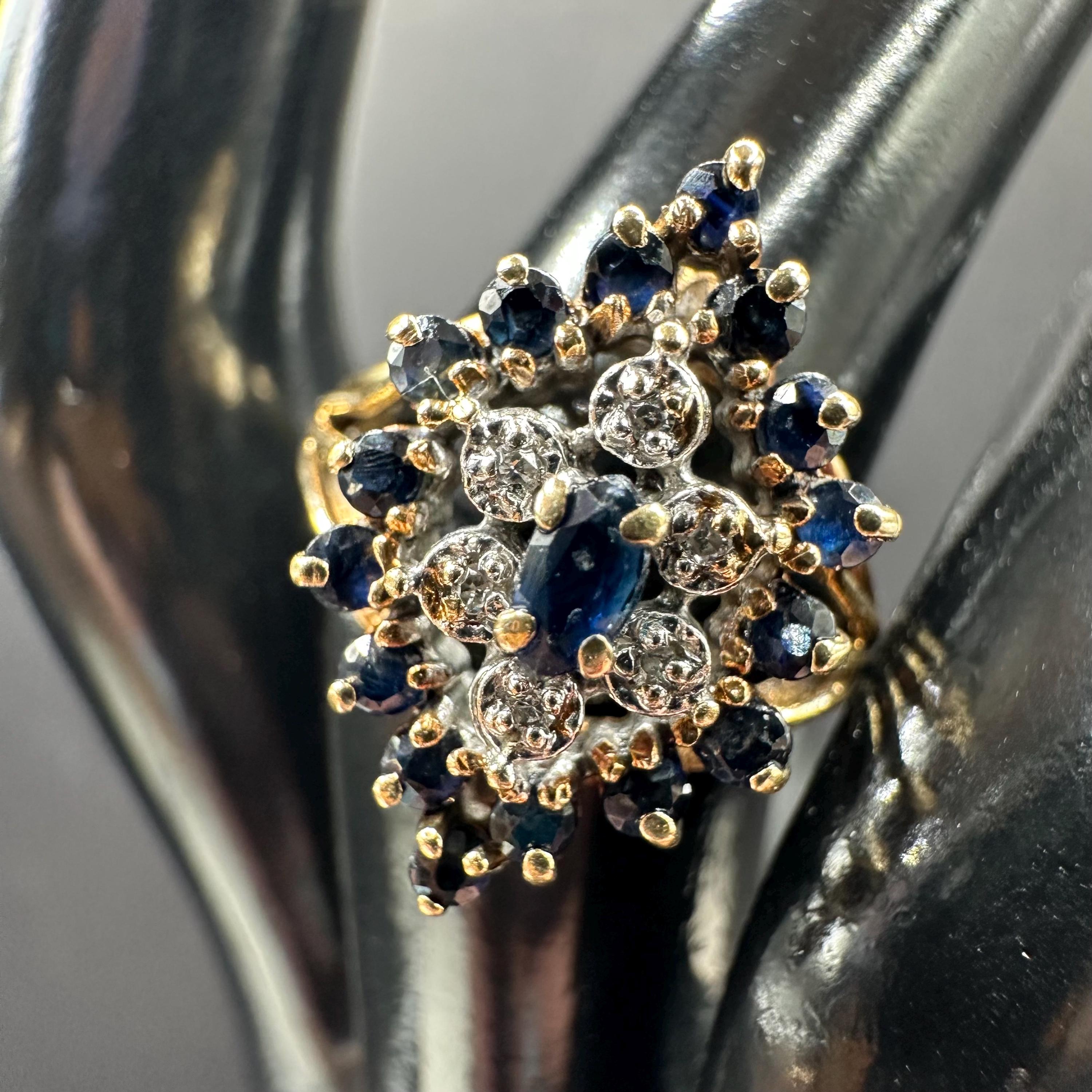 Solid 10K Yellow Gold Ring with Blue Sapphires and Diamonds - Size 5.5