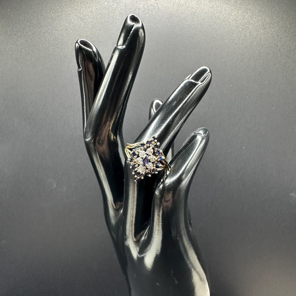 Solid 10K Yellow Gold Ring with Blue Sapphires and Diamonds - Size 5.5