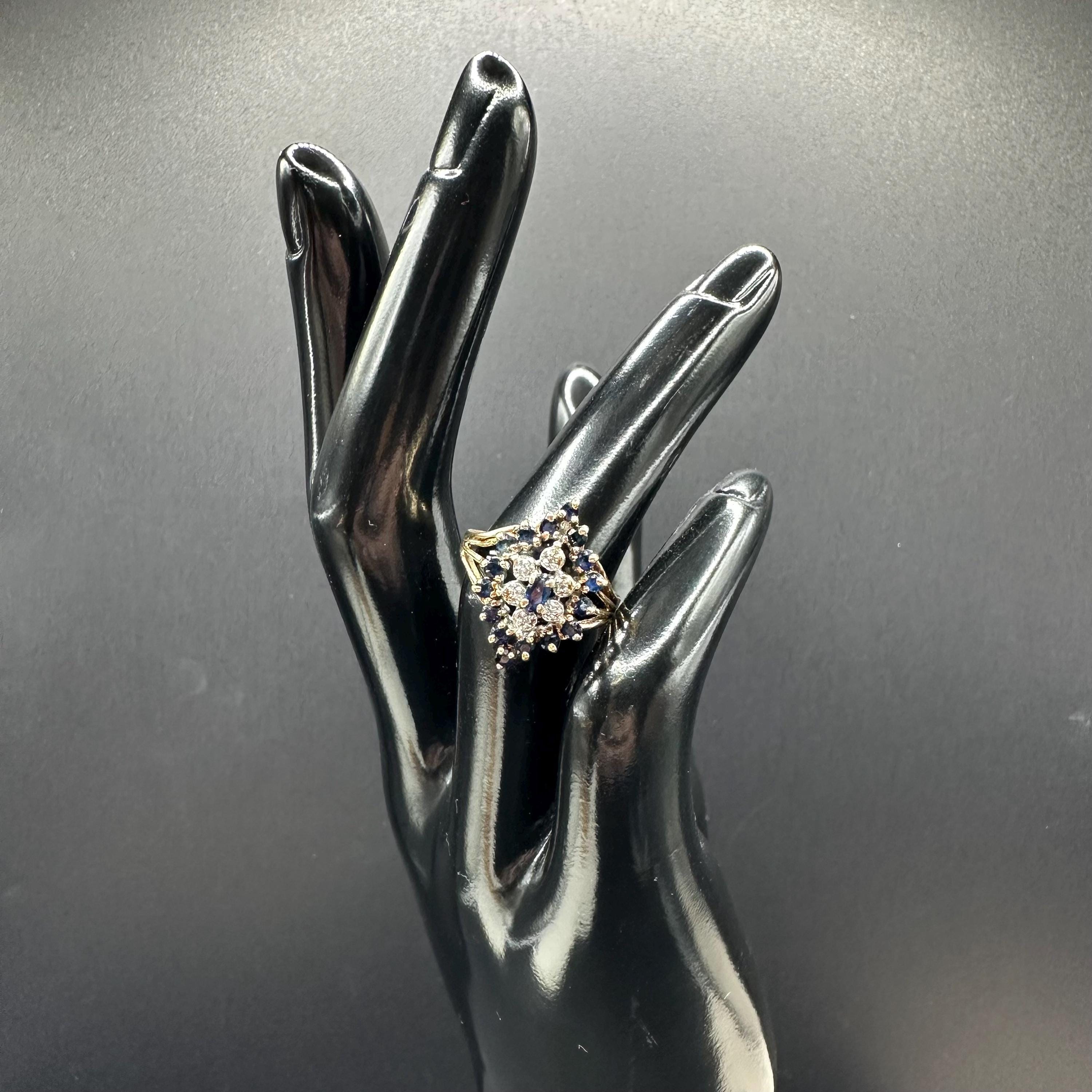 Solid 10K Yellow Gold Ring with Blue Sapphires and Diamonds - Size 5.5