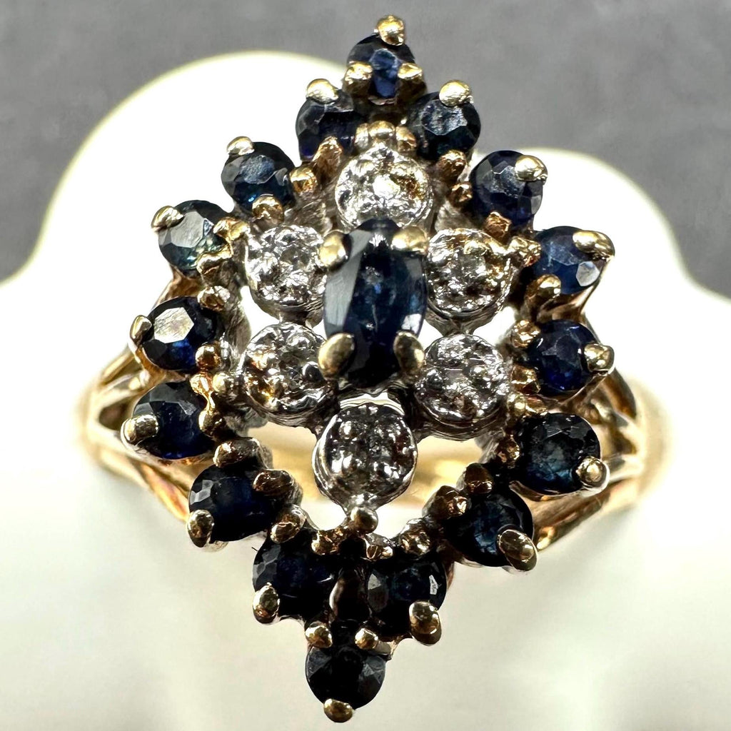 Solid 10K Yellow Gold Ring with Blue Sapphires and Diamonds - Size 5.5