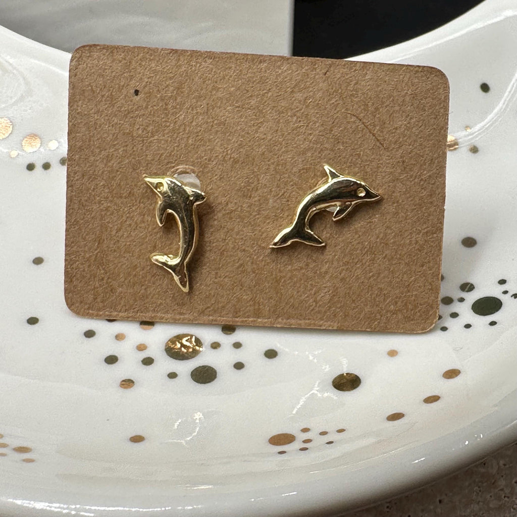 14K Solid Gold Dolphin Stud Earrings