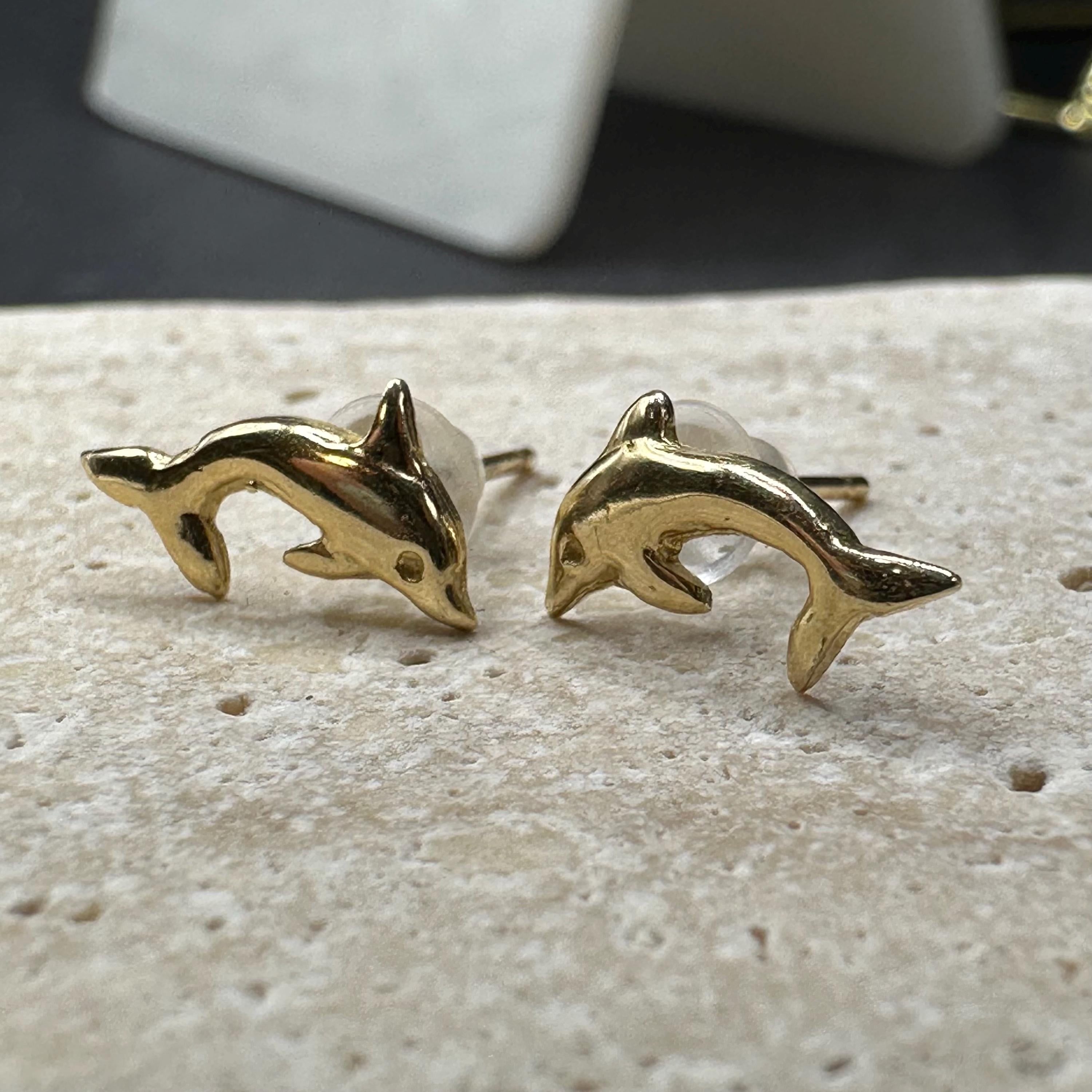 14K Solid Gold Dolphin Stud Earrings