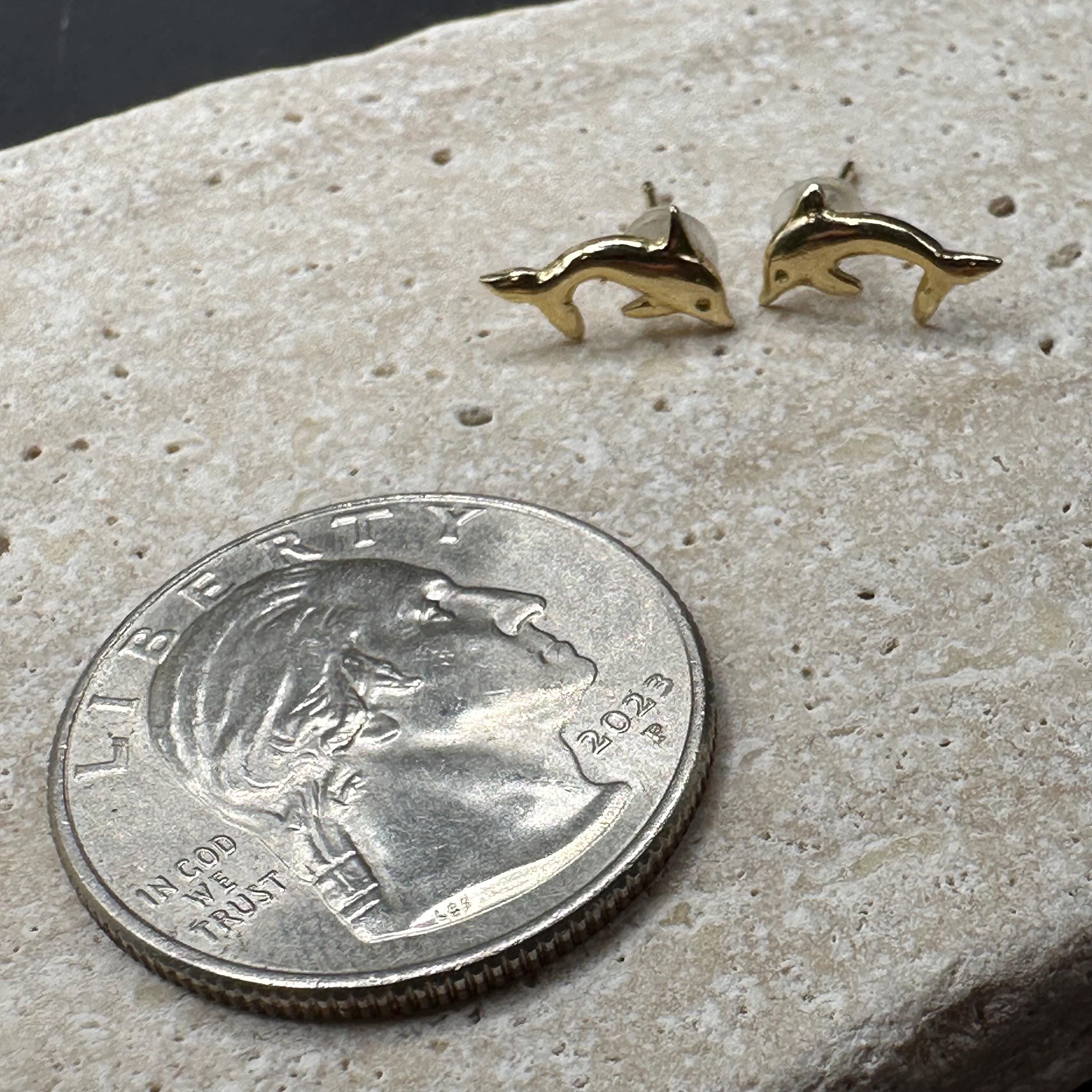 14K Solid Gold Dolphin Stud Earrings