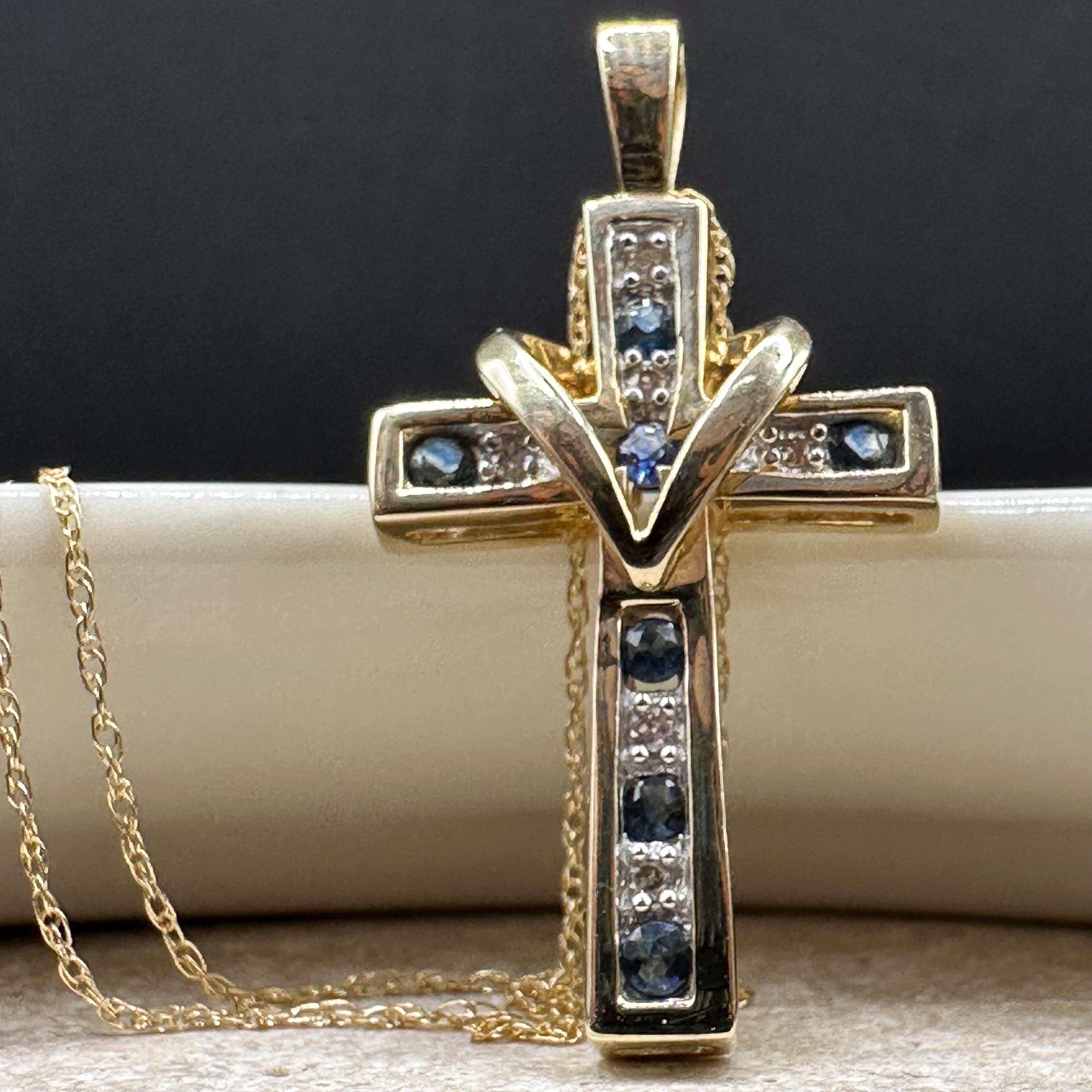 Solid 10K Gold Cross Pendant Necklace - Blue Sapphires & Diamonds - 18 Inch