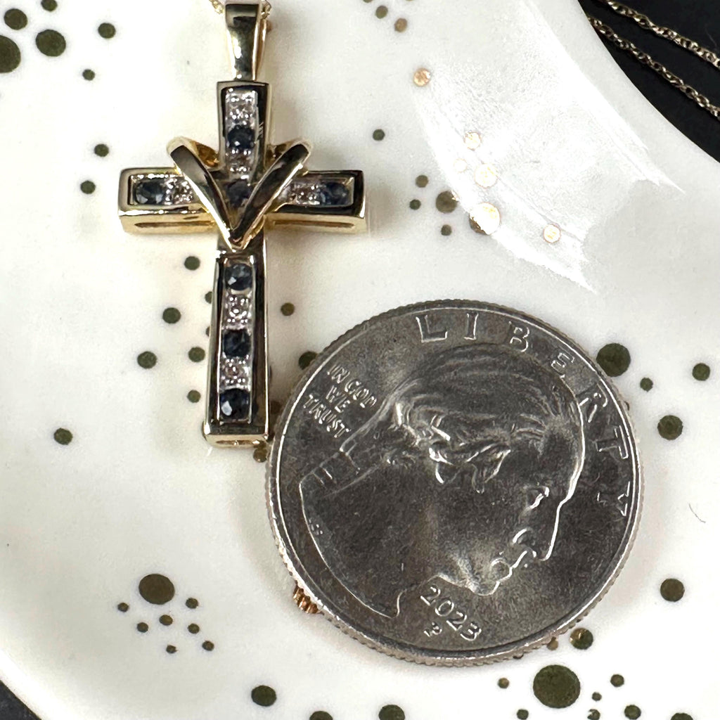 Solid 10K Gold Cross Pendant Necklace - Blue Sapphires & Diamonds - 18 Inch