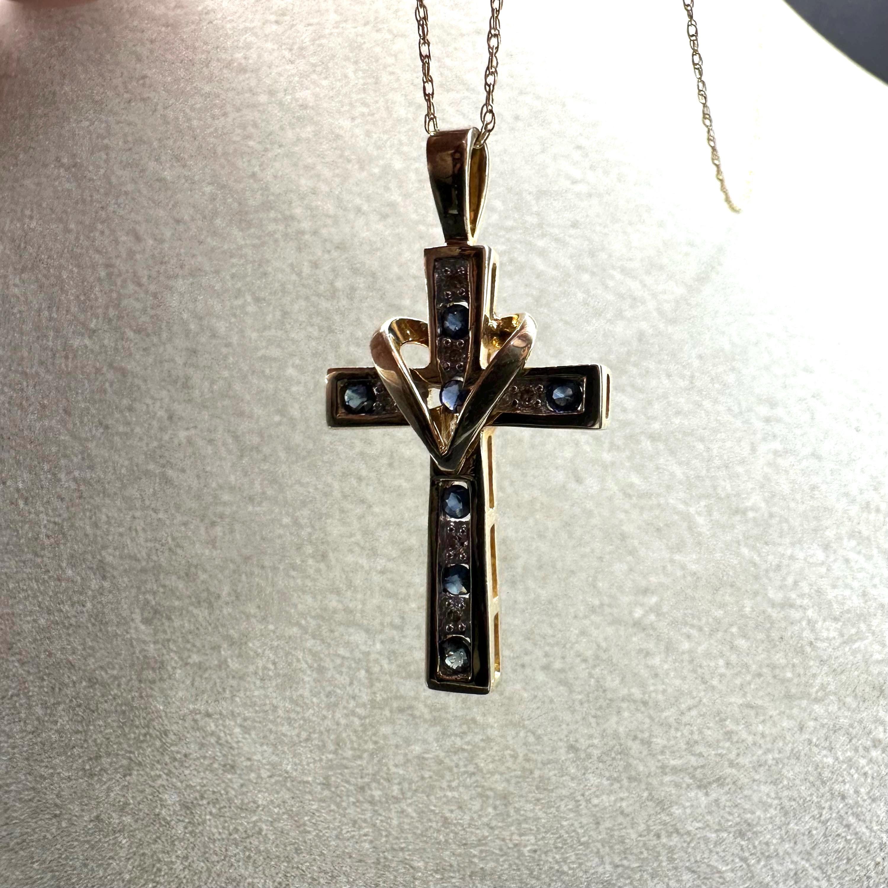 Solid 10K Gold Cross Pendant Necklace - Blue Sapphires & Diamonds - 18 Inch