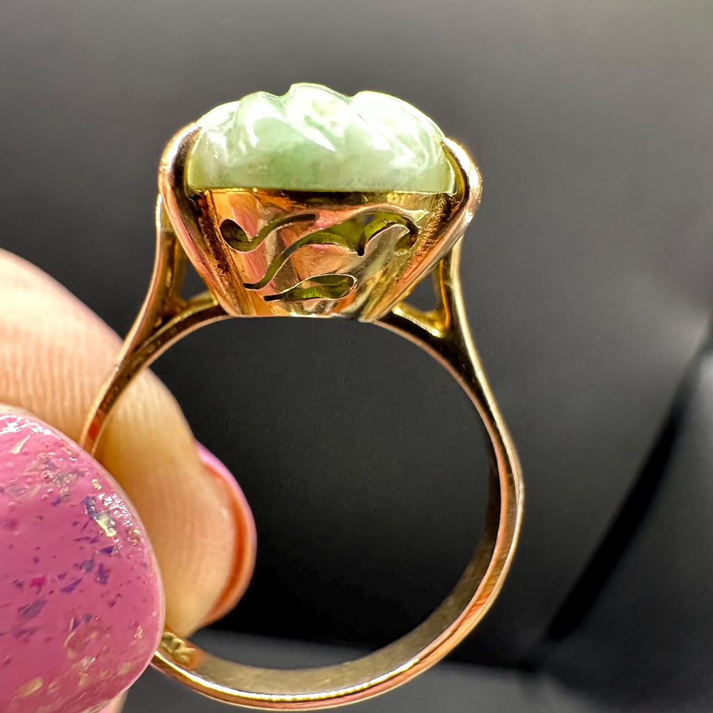 Solid 14K Yellow Gold Ring with Carved Jadeite – Size 5.5