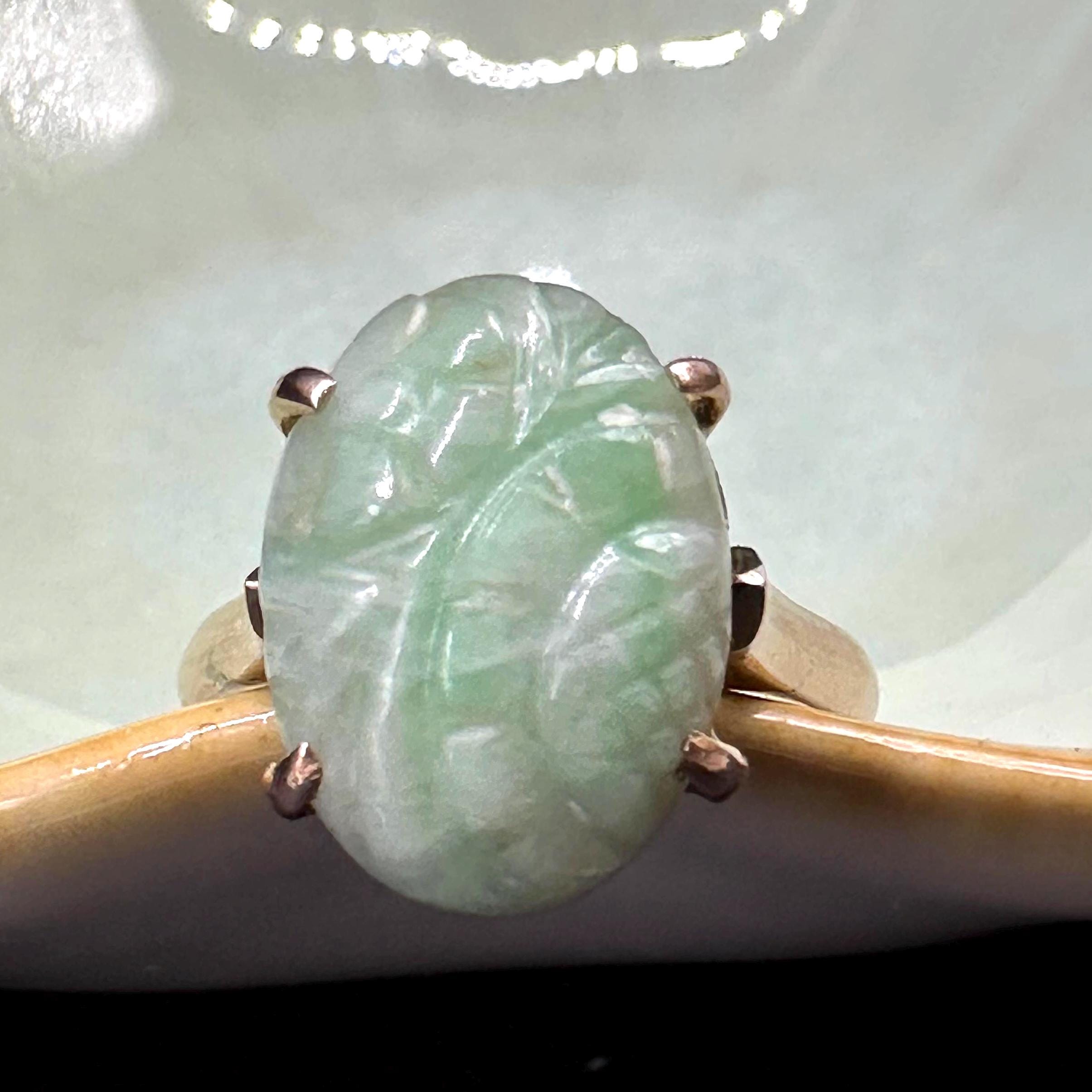 Solid 14K Yellow Gold Ring with Carved Jadeite – Size 5.5