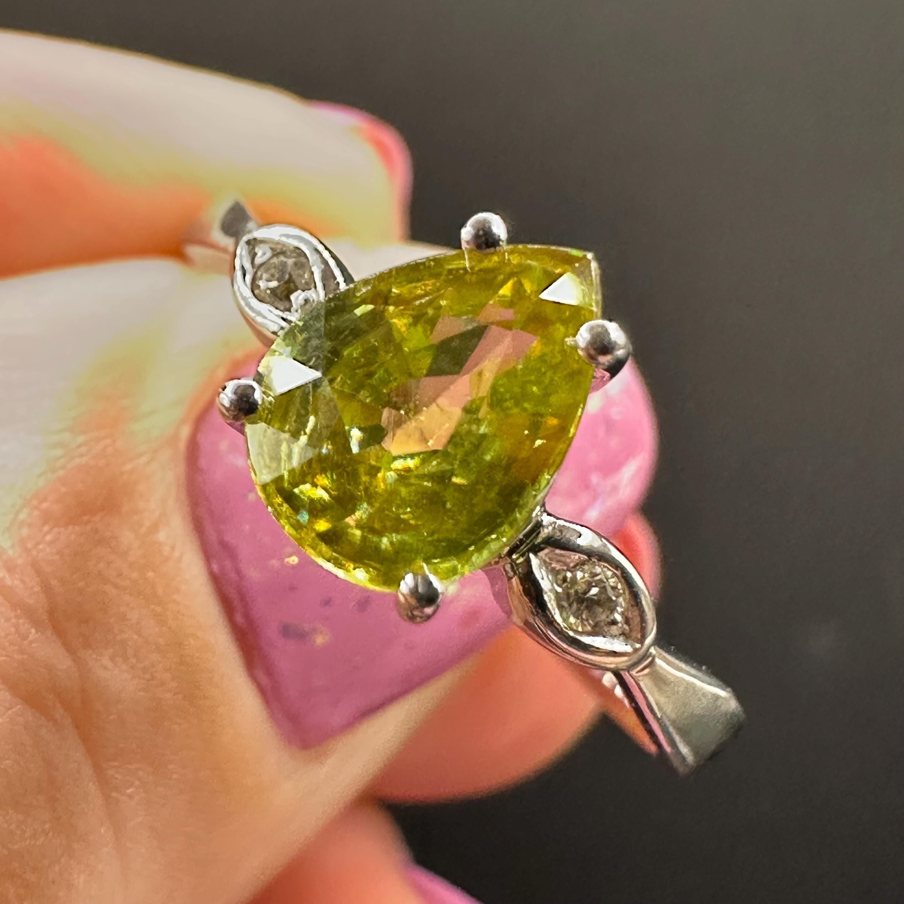 TGGC Solid 10K White Gold Ring with Natural Sphene & White Topaz Accents Size 8