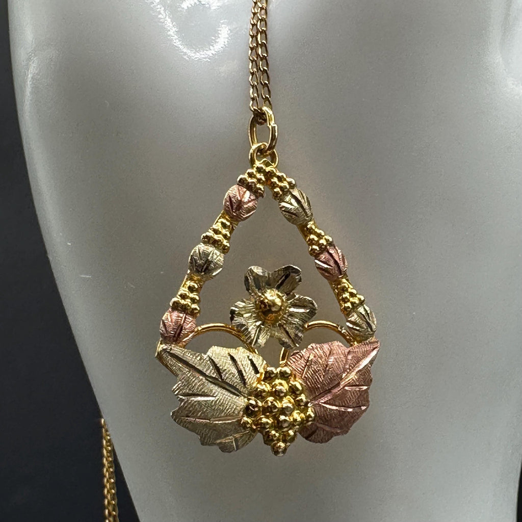Black Hills Solid 10K Gold Pendant with Solid 12K Leaf Accents – 18 Inch Chain