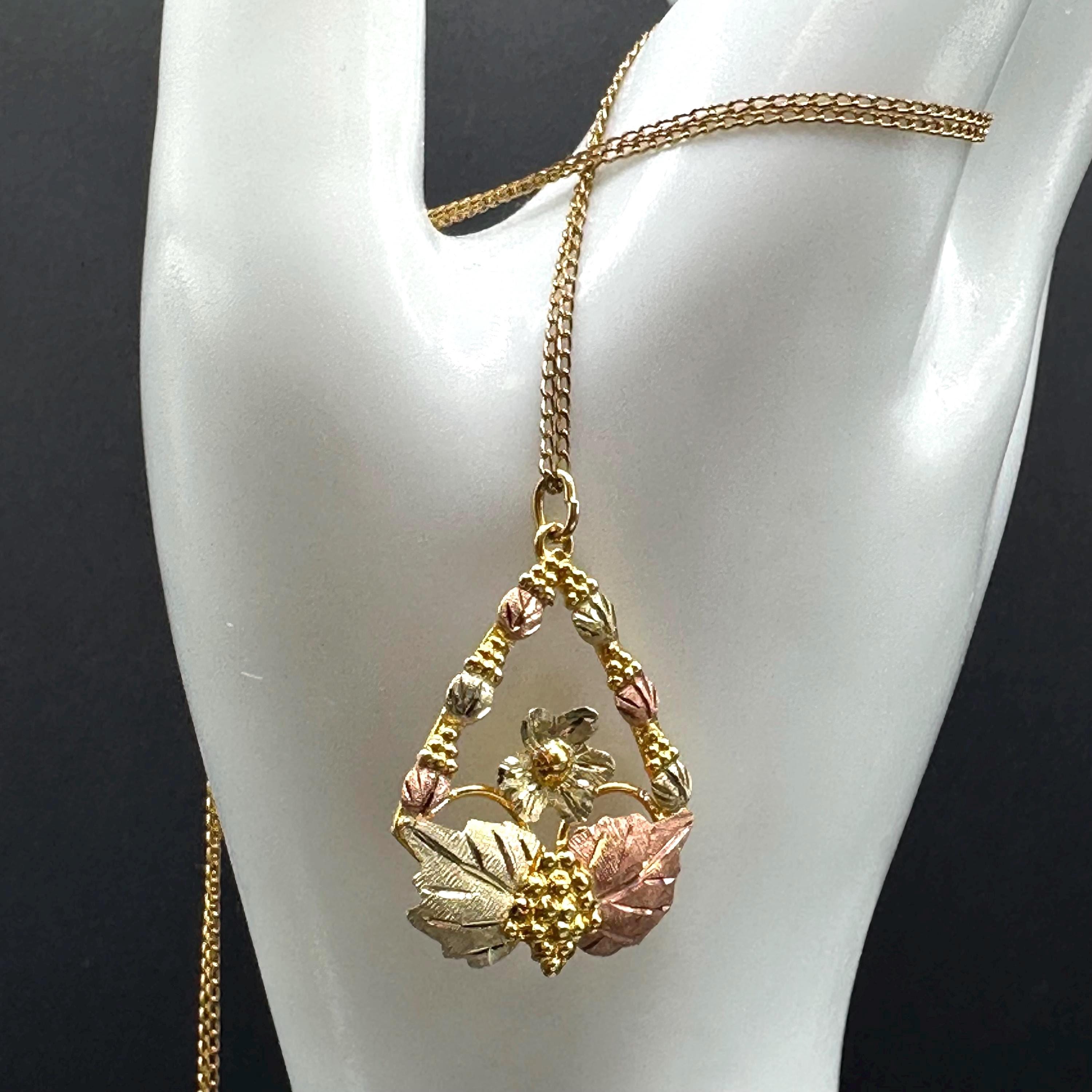 Black Hills Solid 10K Gold Pendant with Solid 12K Leaf Accents – 18 Inch Chain