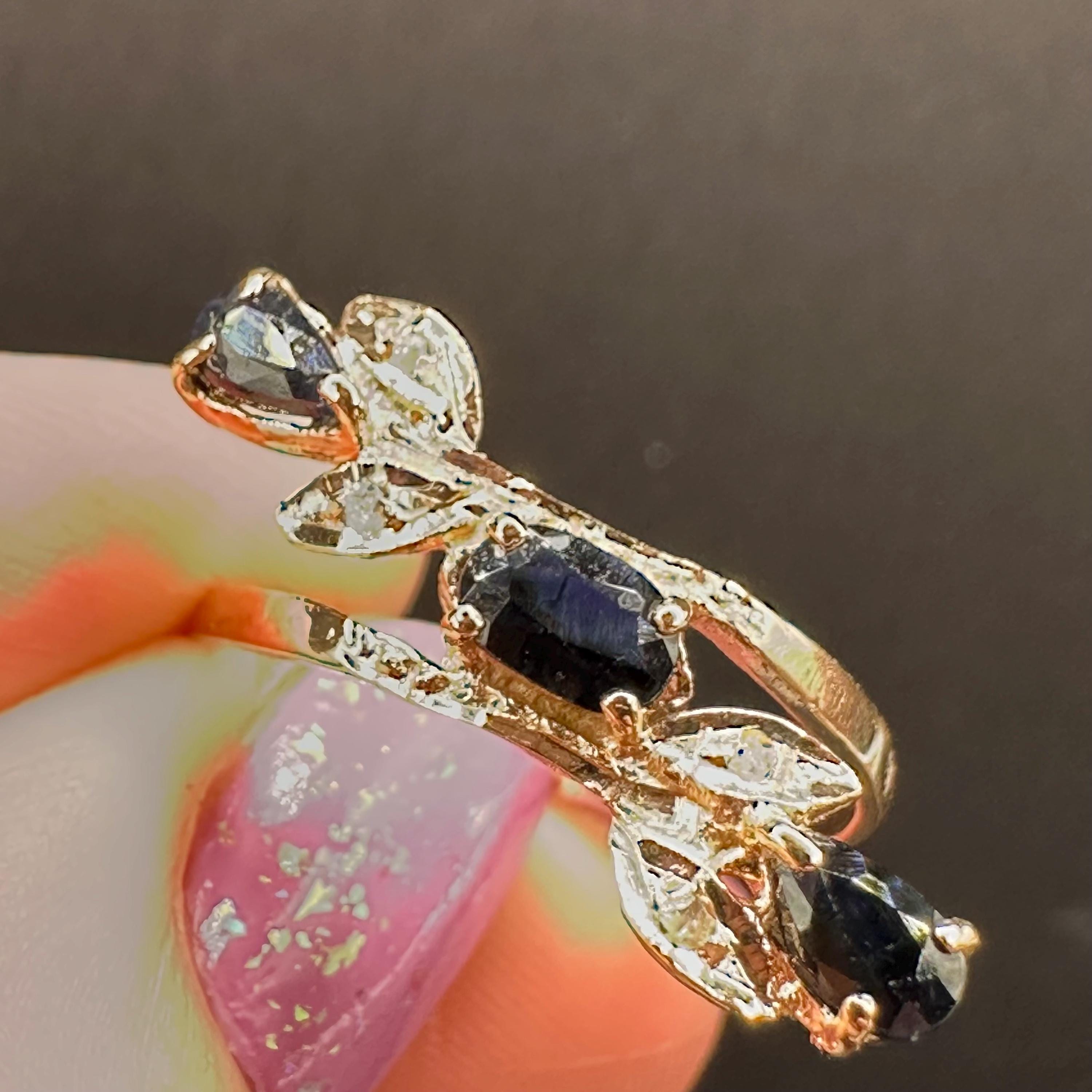 Solid 14K Yellow Gold Ring with Blue Sapphires and Diamond Accents – Size 7