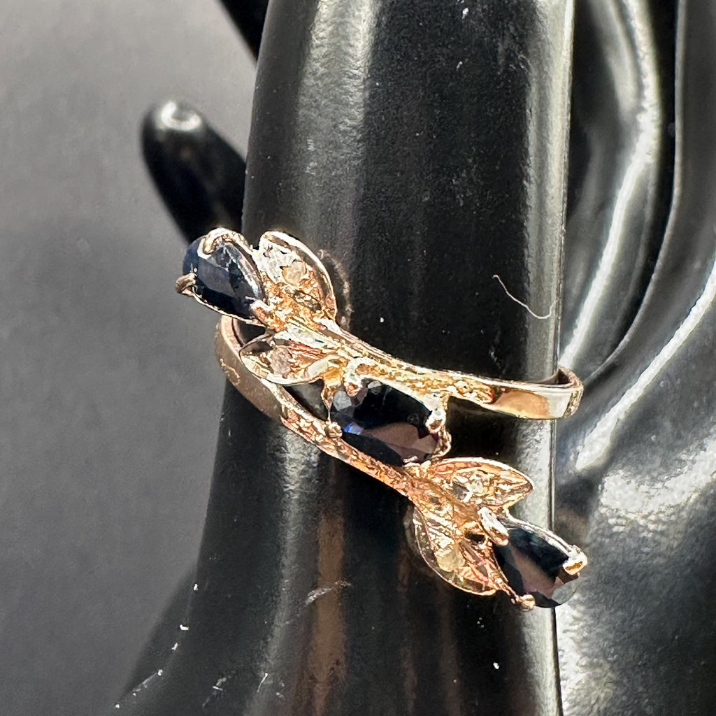 Solid 14K Yellow Gold Ring with Blue Sapphires and Diamond Accents – Size 7