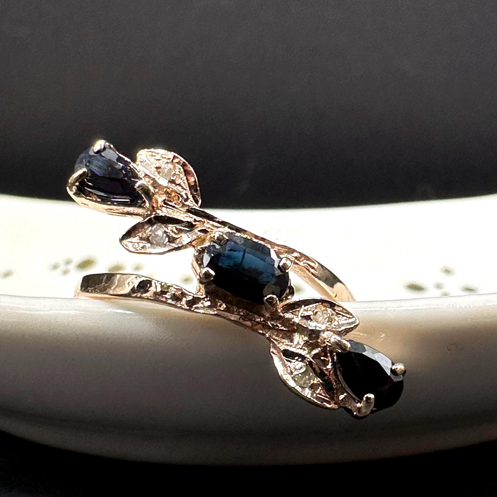 Solid 14K Yellow Gold Ring with Blue Sapphires and Diamond Accents – Size 7