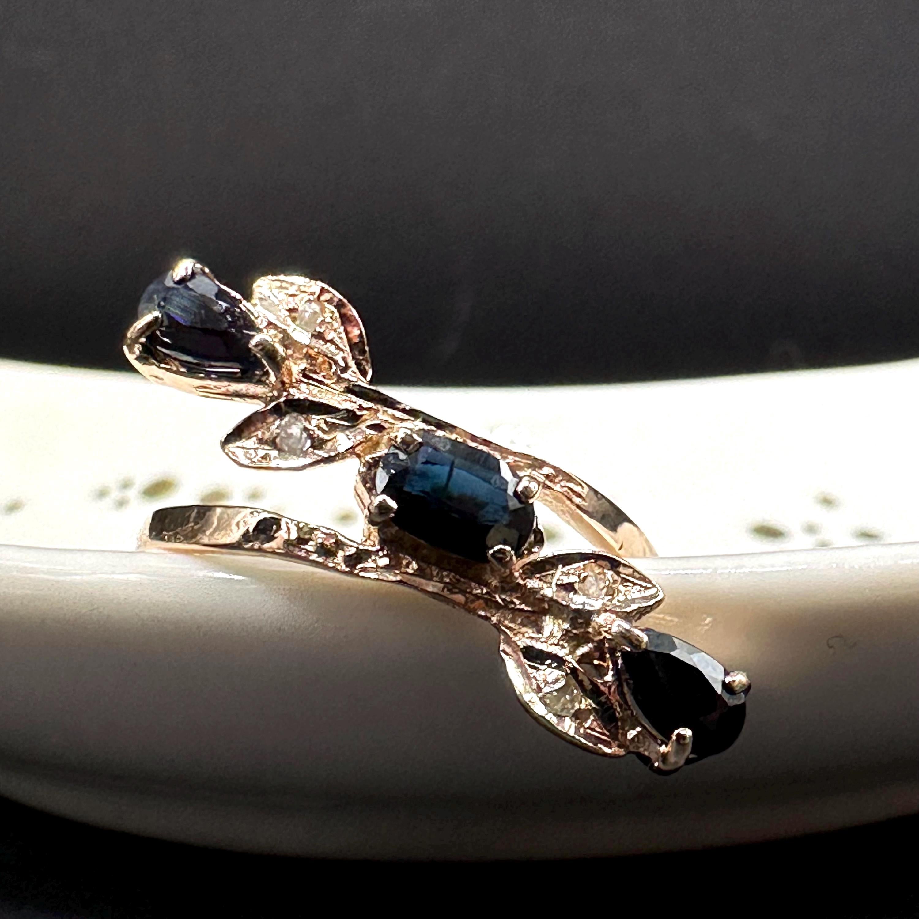 Solid 14K Yellow Gold Ring with Blue Sapphires and Diamond Accents – Size 7