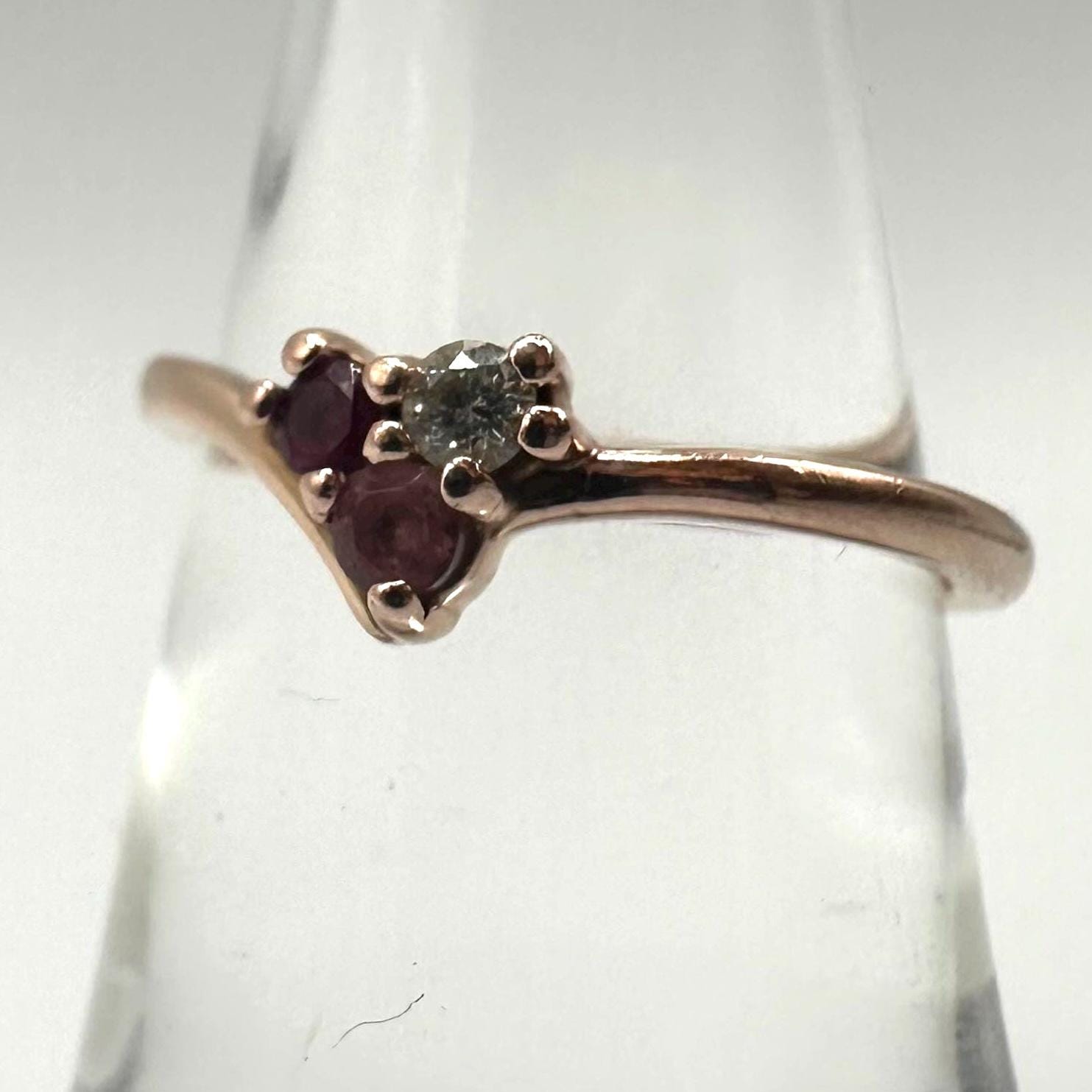 Solid 14K Rose Gold Ring with Ruby, Pink Sapphire, and Diamond – Size 6.75