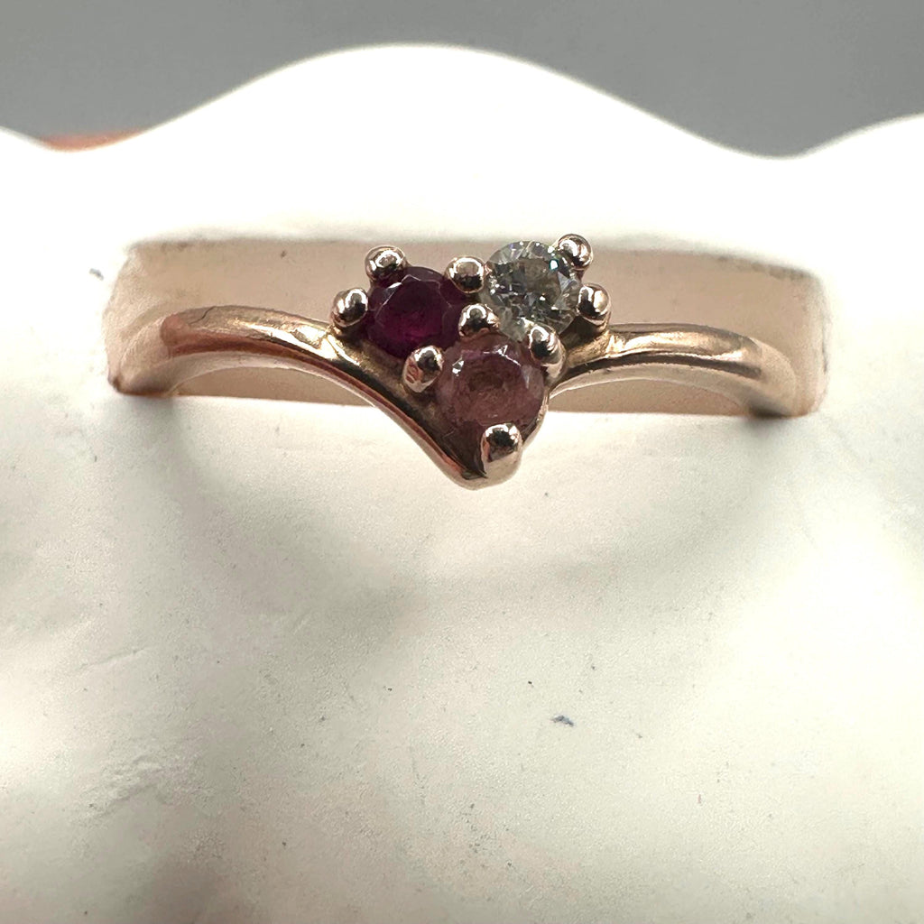 Solid 14K Rose Gold Ring with Ruby, Pink Sapphire, and Diamond – Size 6.75
