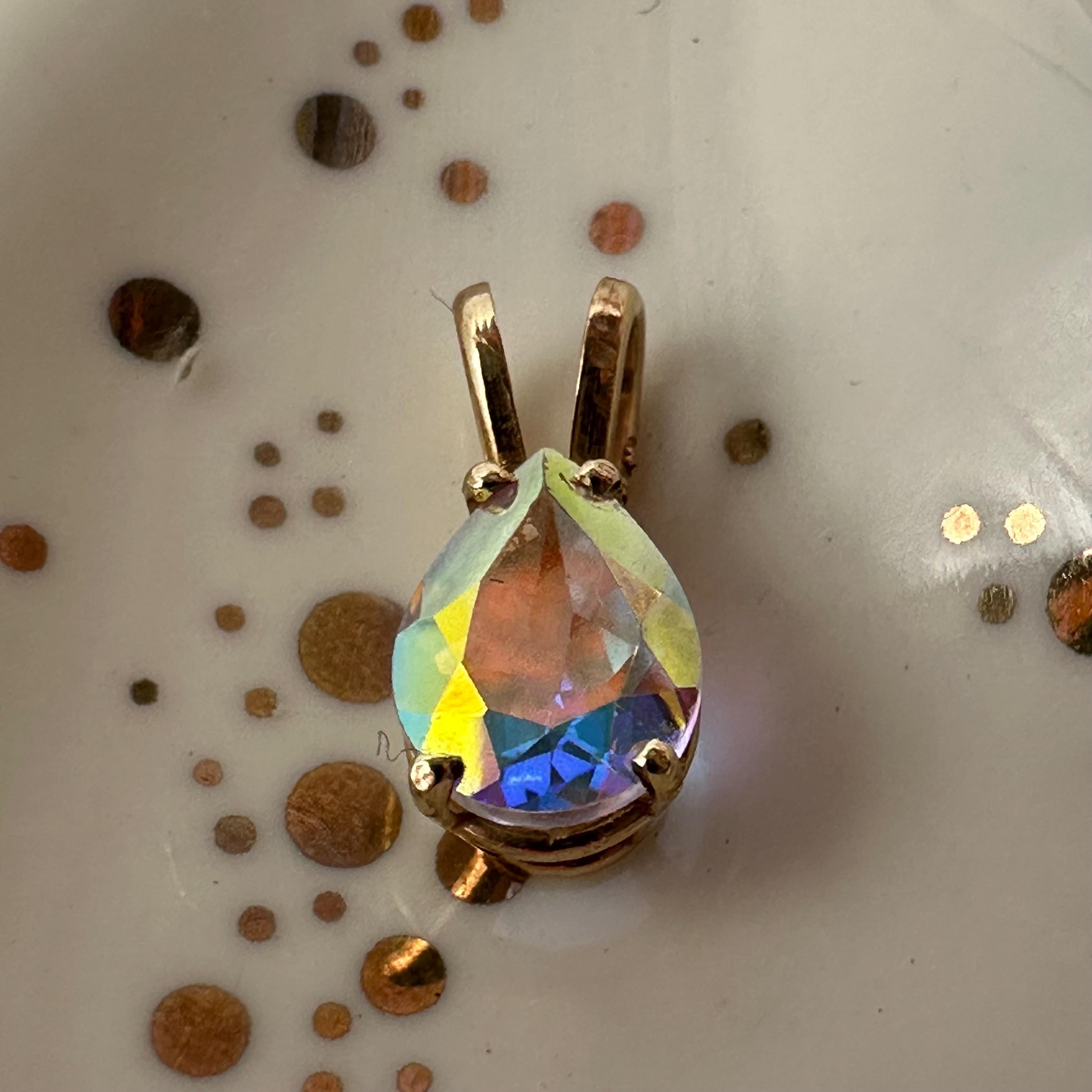 Solid 14K Yellow Gold Necklace Pendant with Rainbow Gemstone