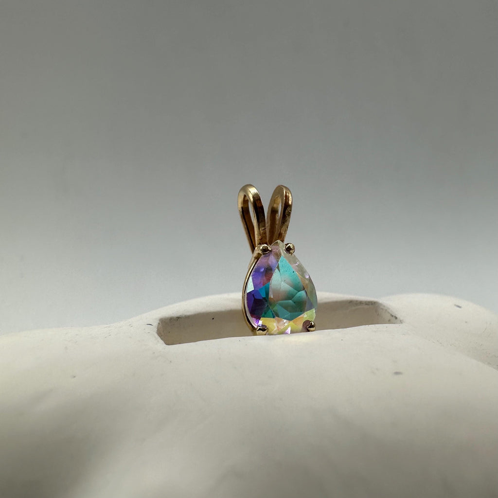 Solid 14K Yellow Gold Necklace Pendant with Rainbow Gemstone
