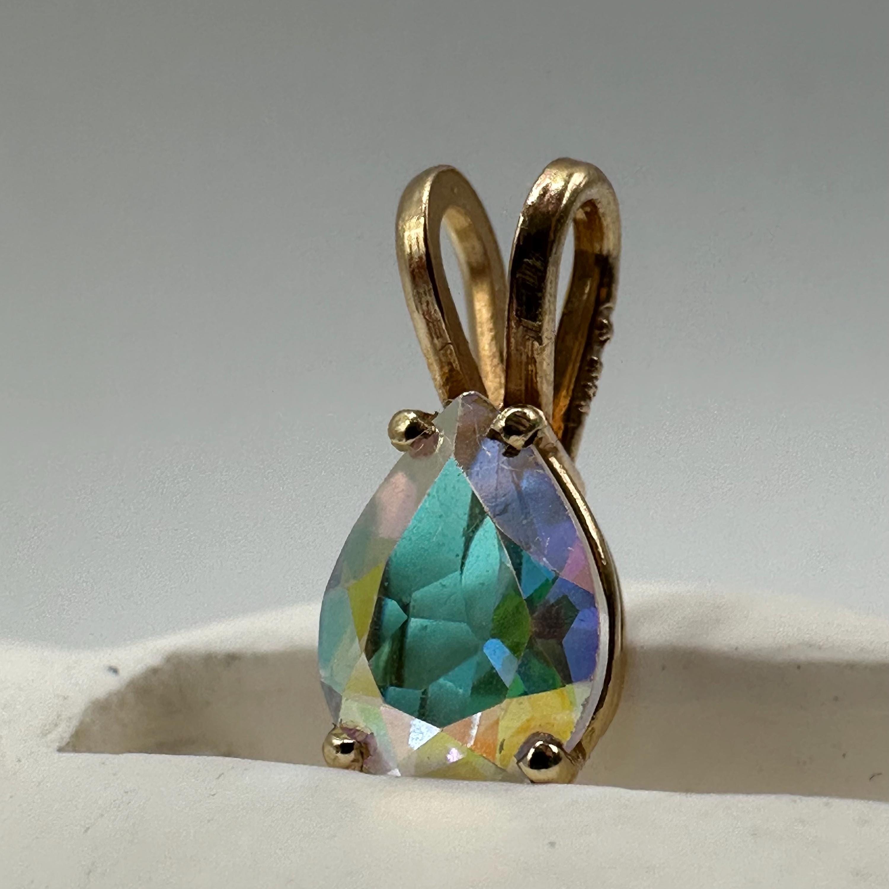 Solid 14K Yellow Gold Necklace Pendant with Rainbow Gemstone