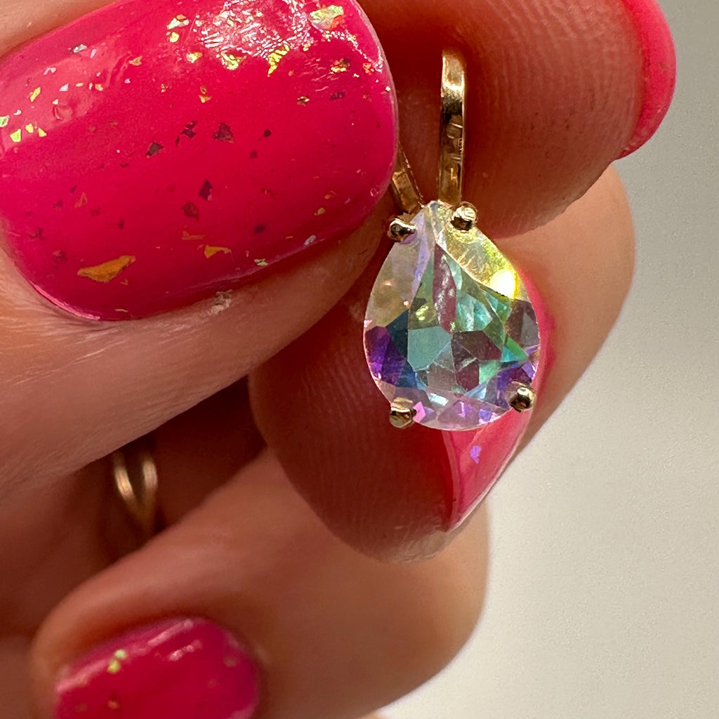 Solid 14K Yellow Gold Necklace Pendant with Rainbow Gemstone