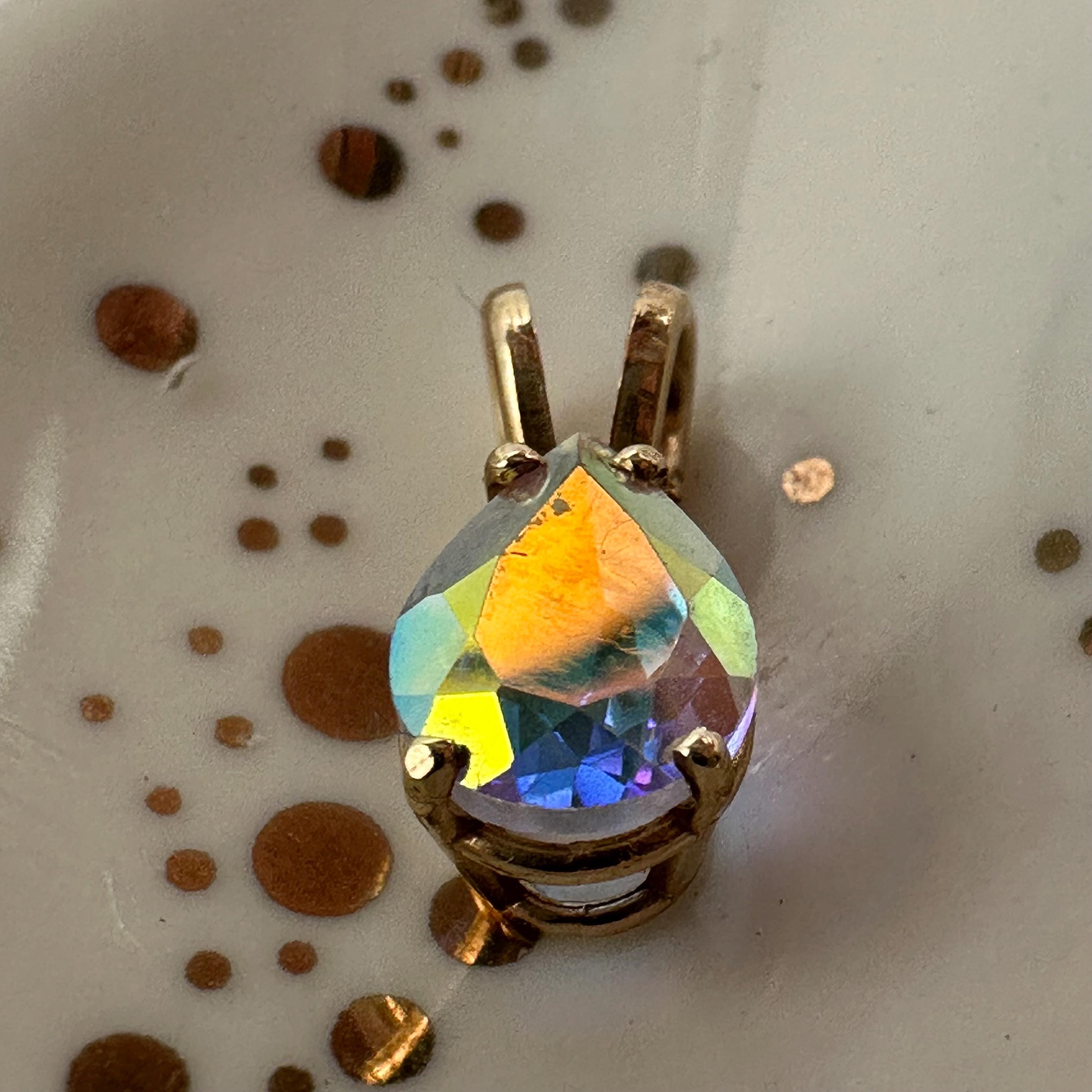 Solid 14K Yellow Gold Necklace Pendant with Rainbow Gemstone