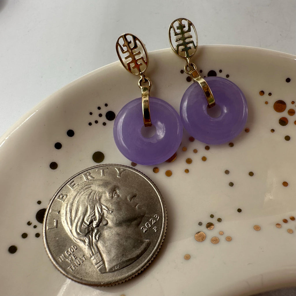 14K Solid Yellow Gold Dangle Earrings with Purple Asian Jade