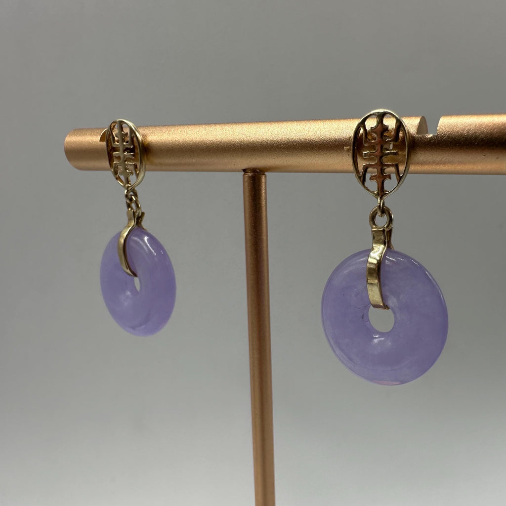 14K Solid Yellow Gold Dangle Earrings with Purple Asian Jade