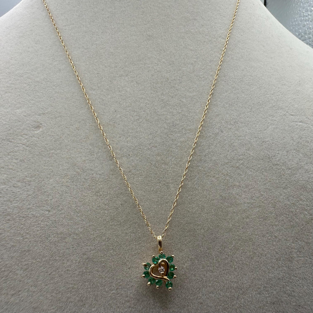 Solid 14K Yellow Gold Emerald & Diamond Heart Pendant Necklace 17.5"