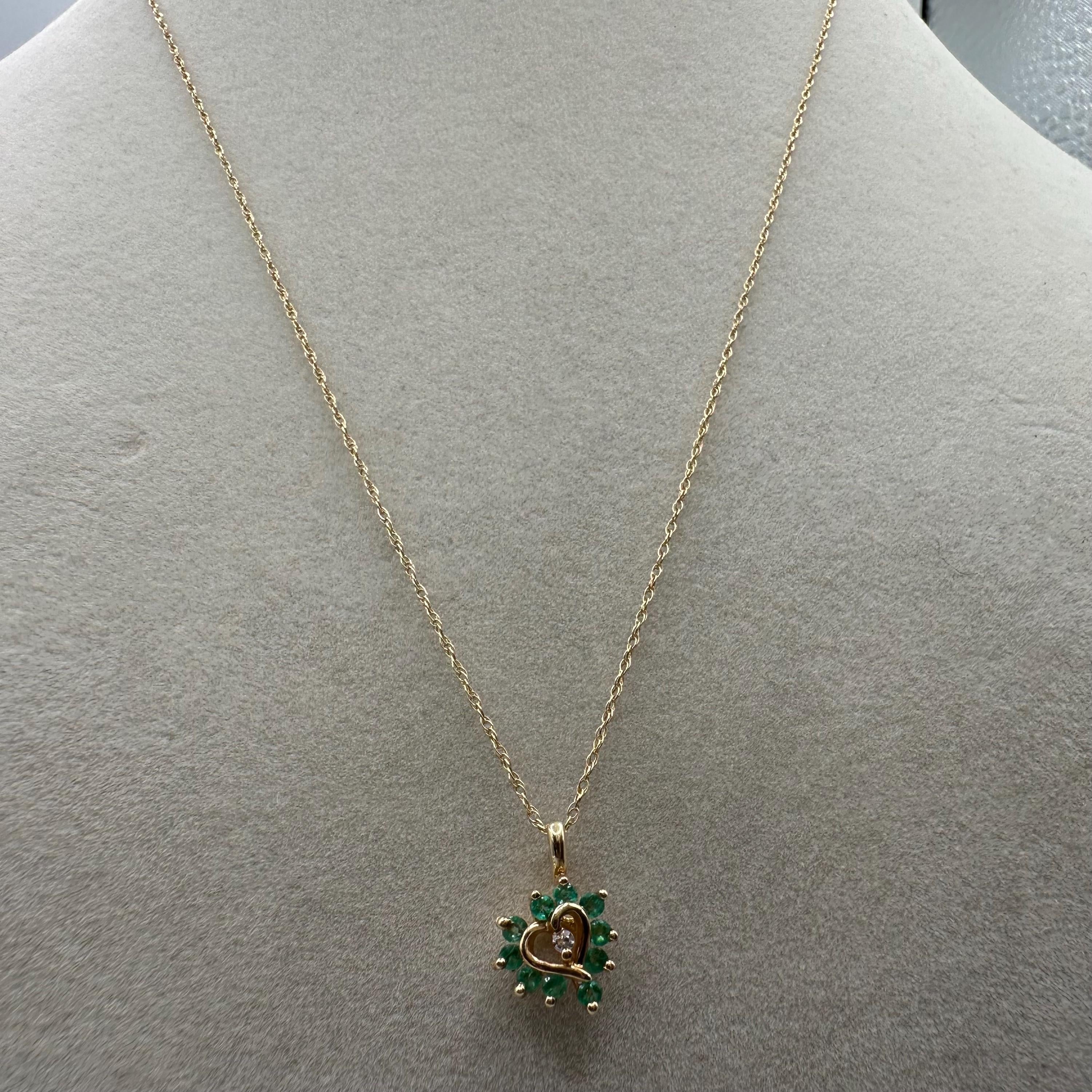 Solid 14K Yellow Gold Emerald & Diamond Heart Pendant Necklace 17.5"
