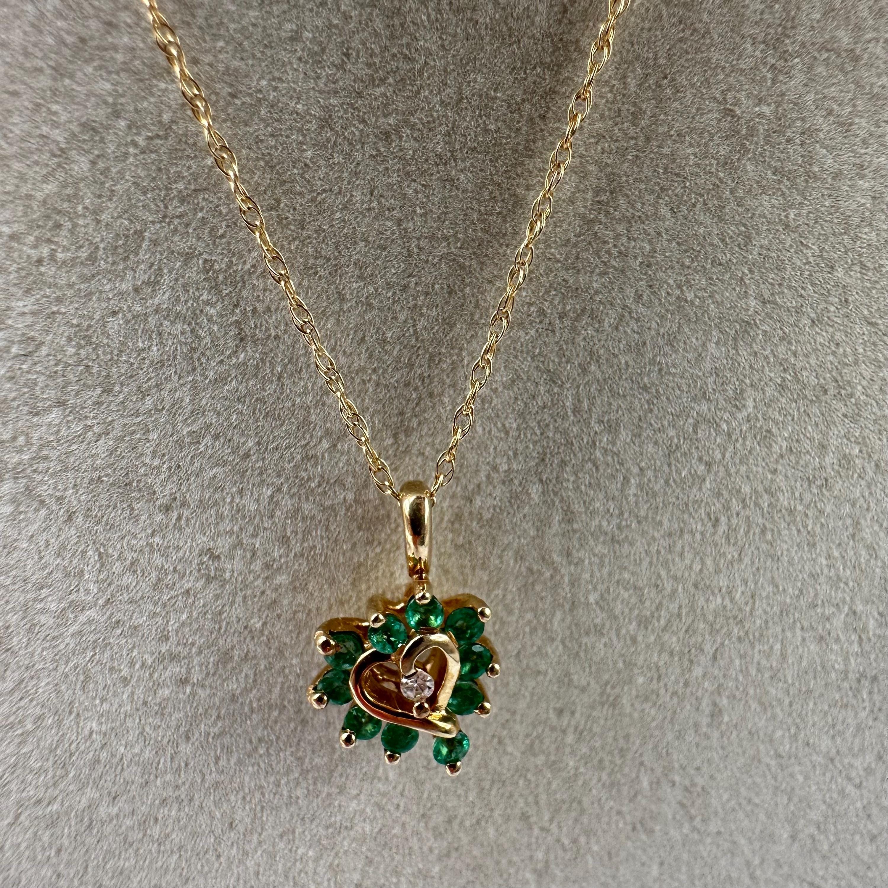 Solid 14K Yellow Gold Emerald & Diamond Heart Pendant Necklace 17.5"