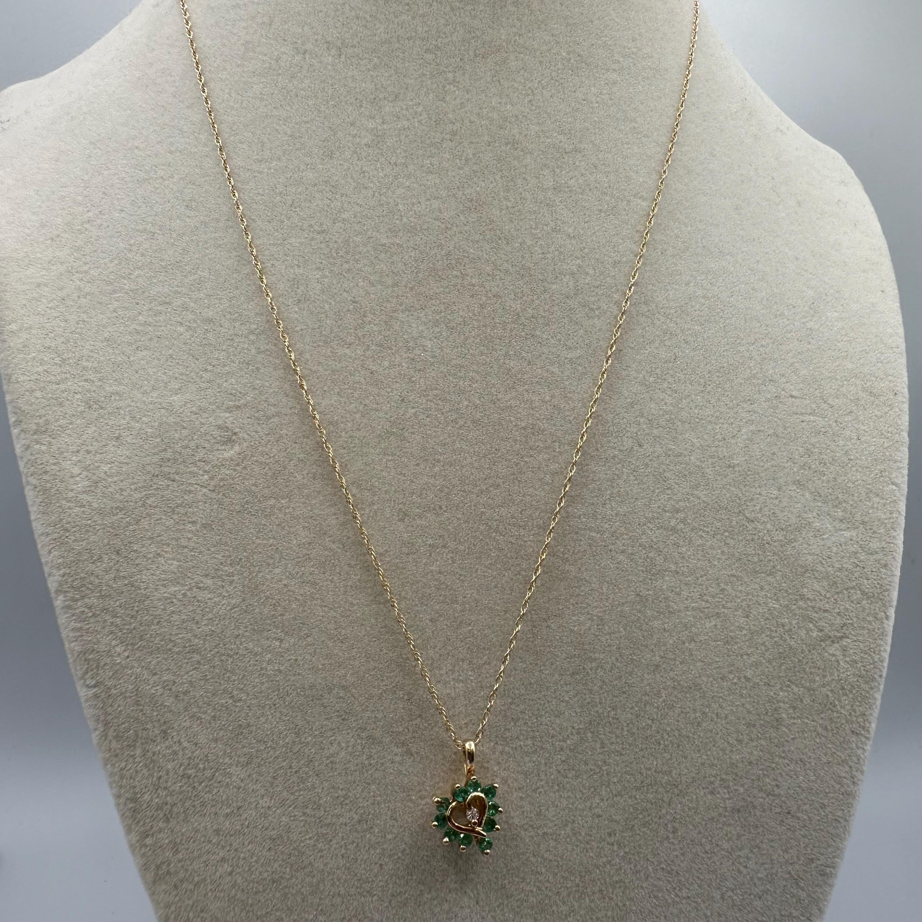 Solid 14k Yellow Gold Necklace with Emerald & Diamond Heart 17.5 Inch